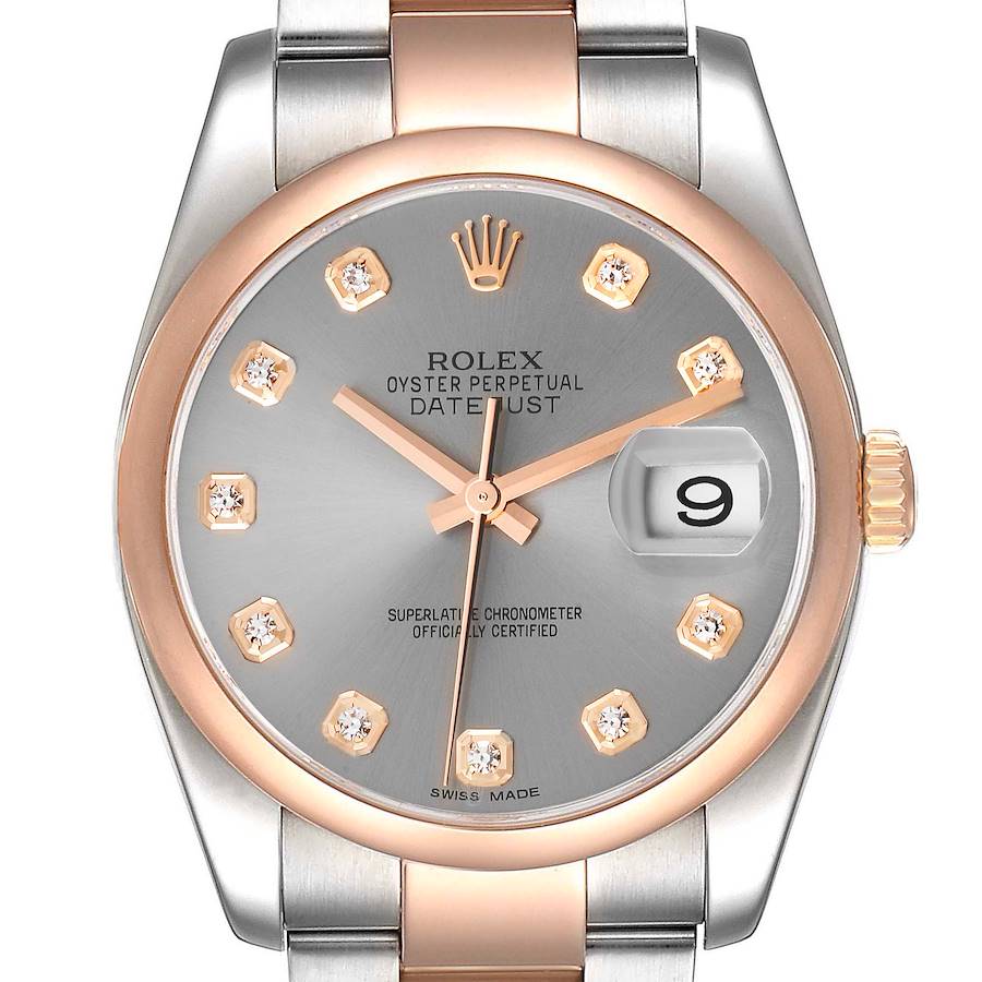 Rolex Datejust 36 Steel Rose Gold Silver Diamond Dial Watch 116201 Box Papers SwissWatchExpo