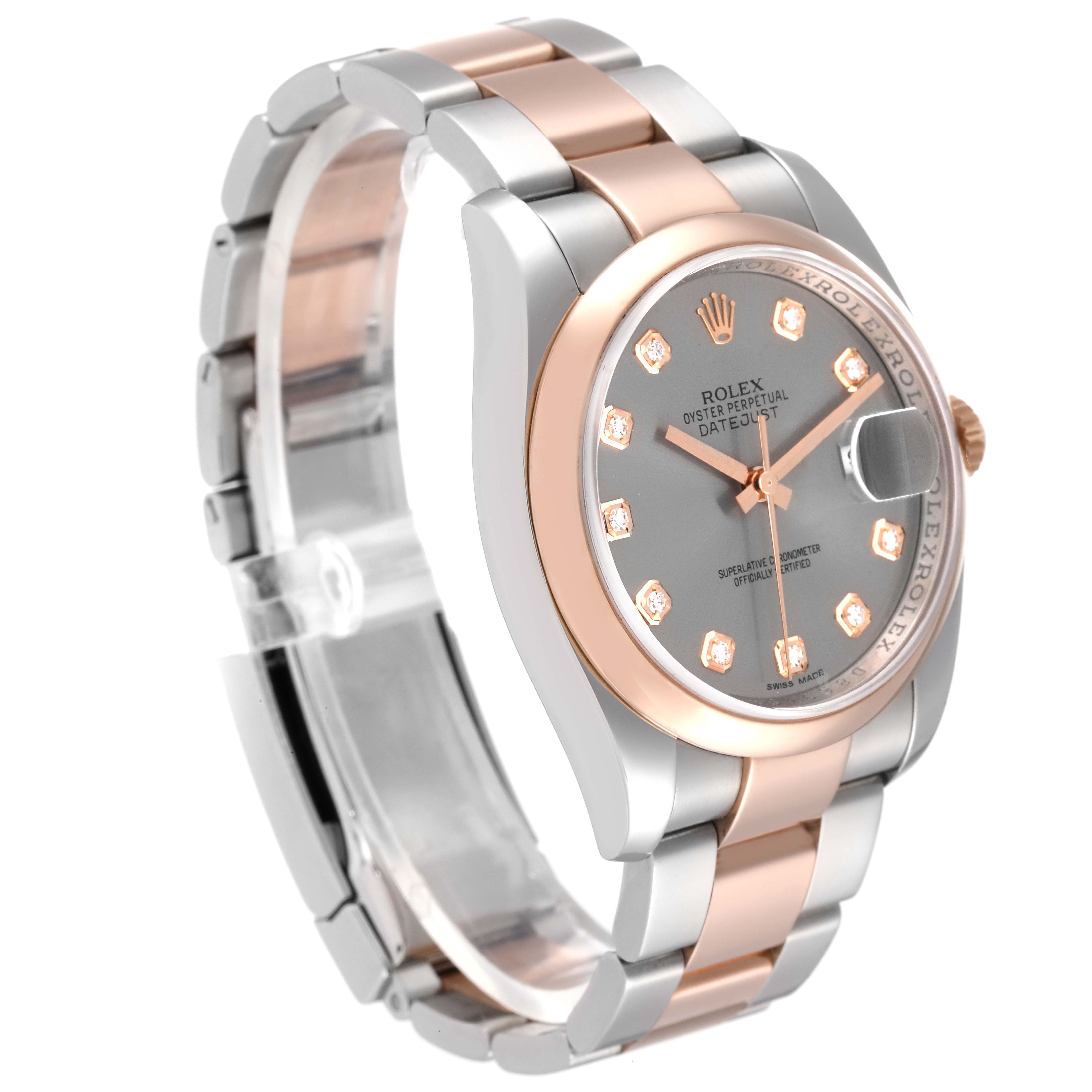 The image shows a Rolex Datejust 116201 Men's Steel and Gold (two tone) Silver Dial 116201 Men's Steel and Gold (two tone) Silver Dial watch from an angled side view, highlighting its dial, bezel, and two-tone bracelet.