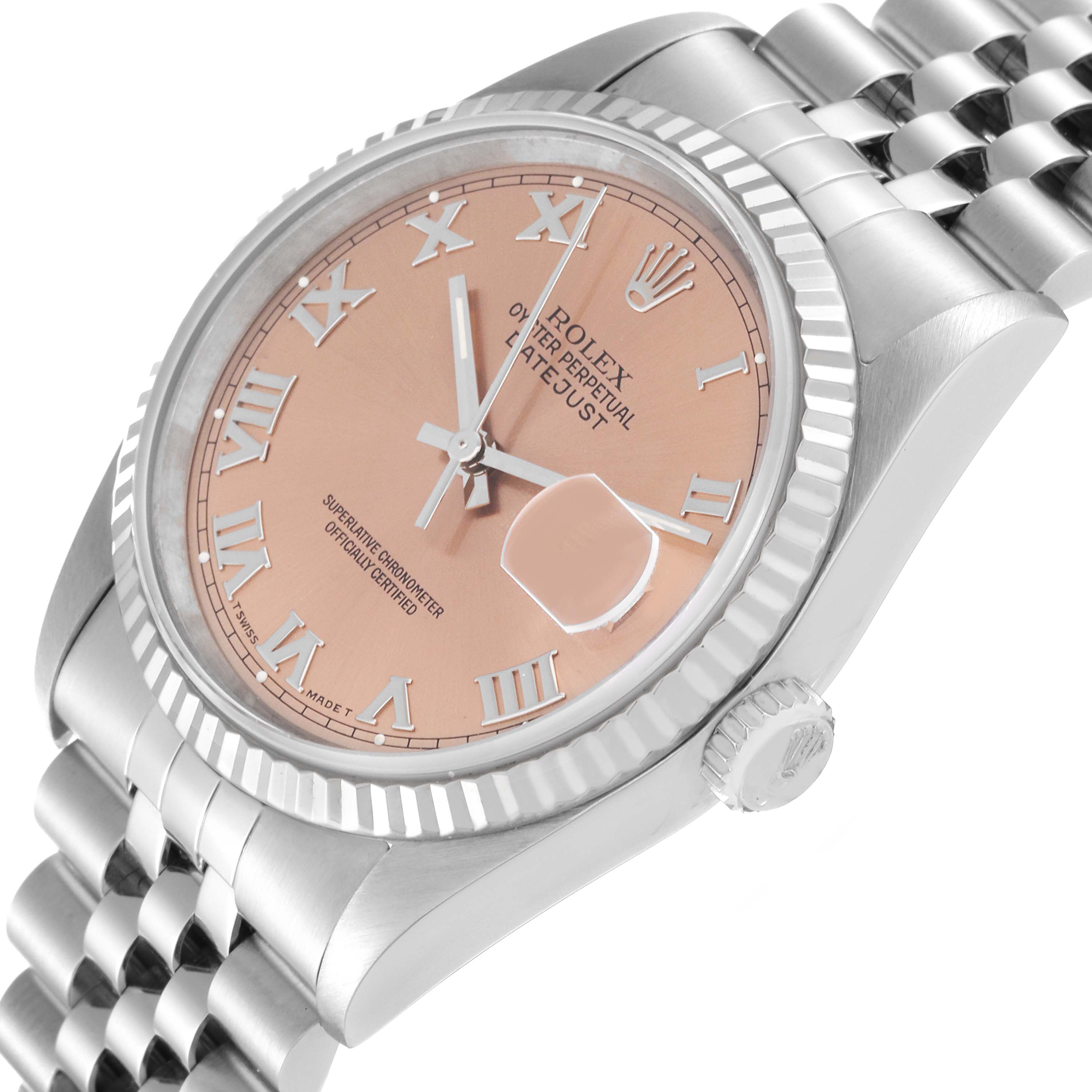 This image shows a tilted close-up of the Rolex Datejust 16234 Men's Stainless Steel Pink Dial 16234 Men's Stainless Steel Pink Dial watch, displaying its face, bezel, and part of the bracelet.