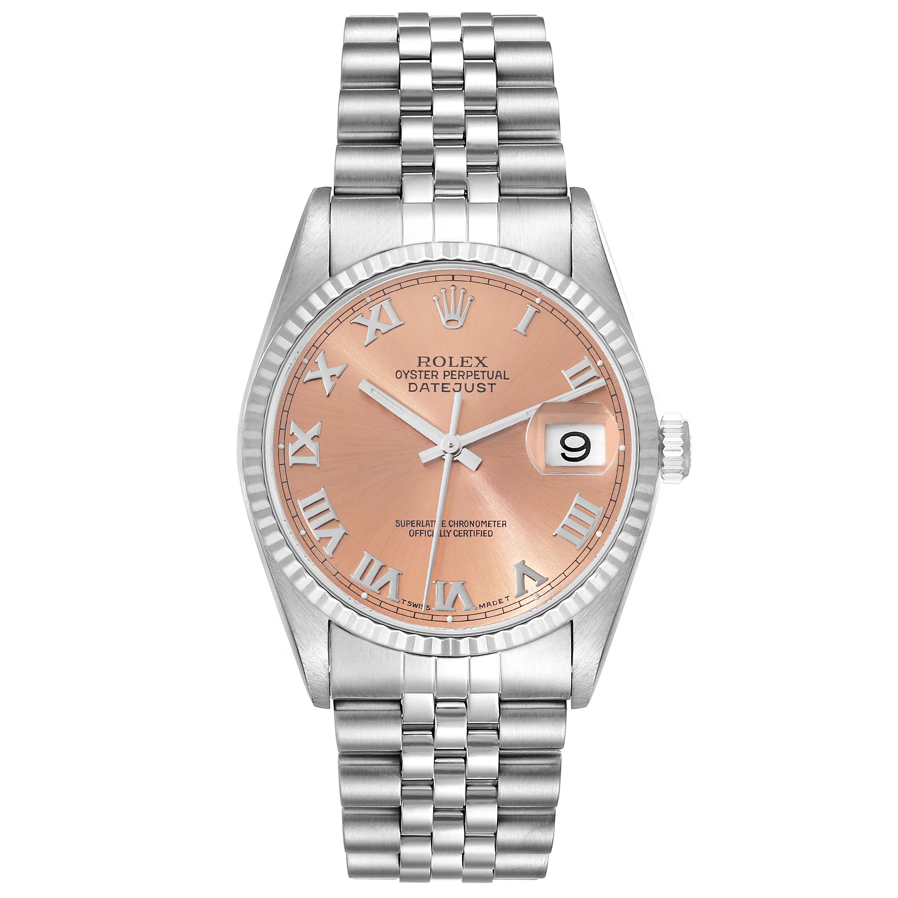 This image shows a front view of the Rolex Datejust 16234 Men's Stainless Steel Pink Dial 16234 Men's Stainless Steel Pink Dial watch, displaying its dial, date window, and bracelet.