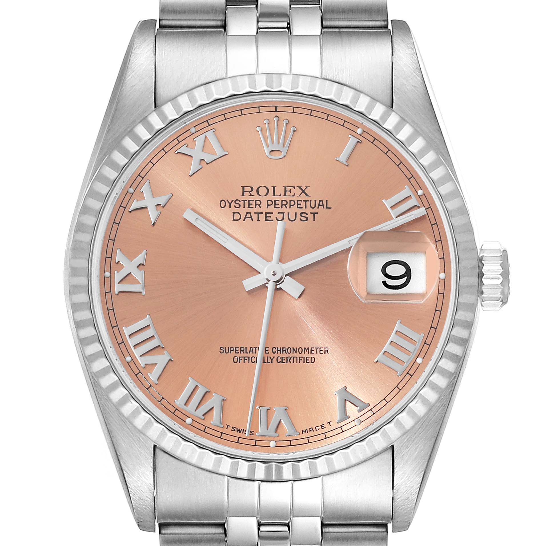 This image shows a Rolex Datejust 16234 Men's Stainless Steel Pink Dial 16234 Men's Stainless Steel Pink Dial watch front and center, featuring a jubilee bracelet, rose gold dial, and Roman numerals.