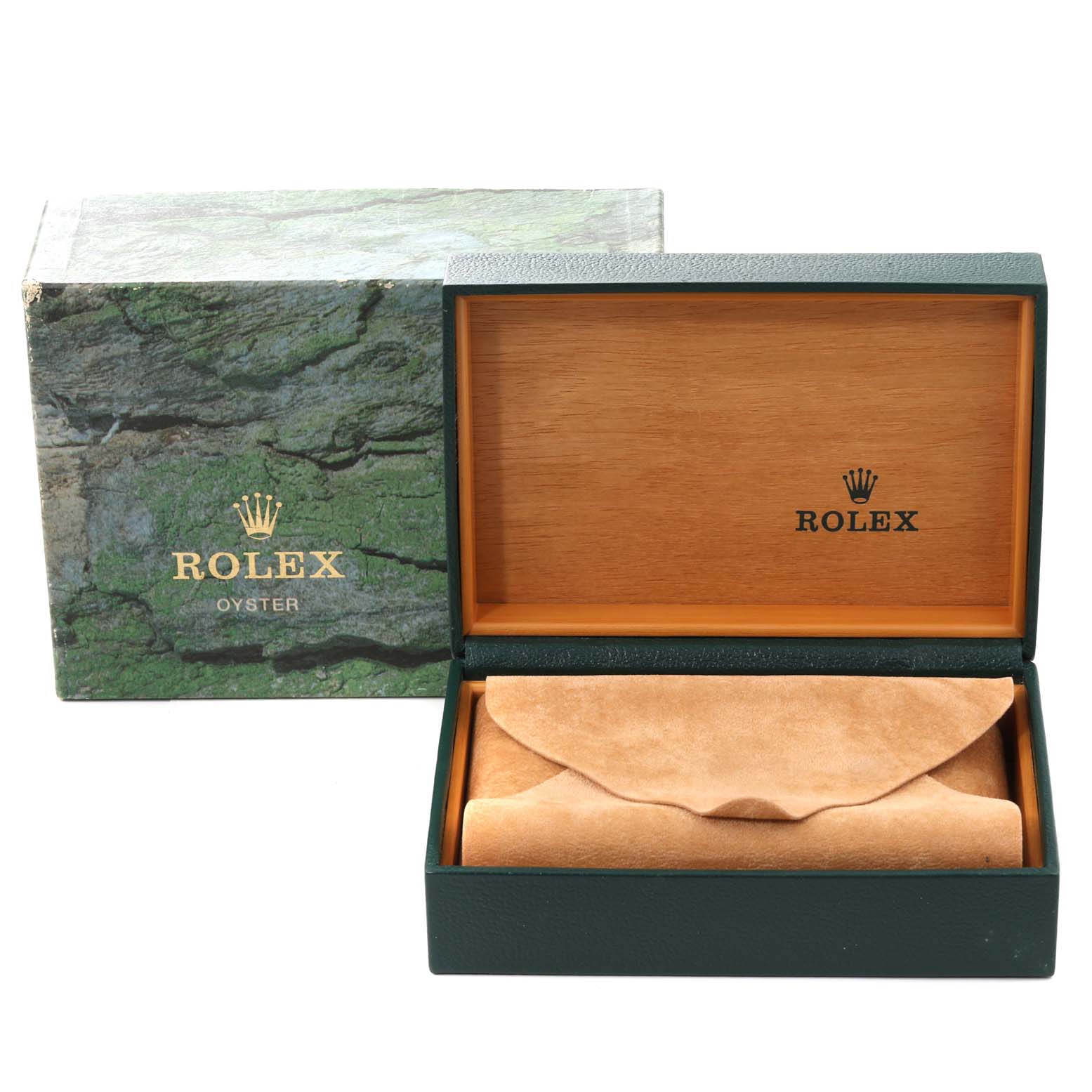 The image shows the Rolex Datejust 16234 Men's Stainless Steel Pink Dial 16234 Men's Stainless Steel Pink Dial watch box and green outer box, with the inner box open and a suede pouch inside.