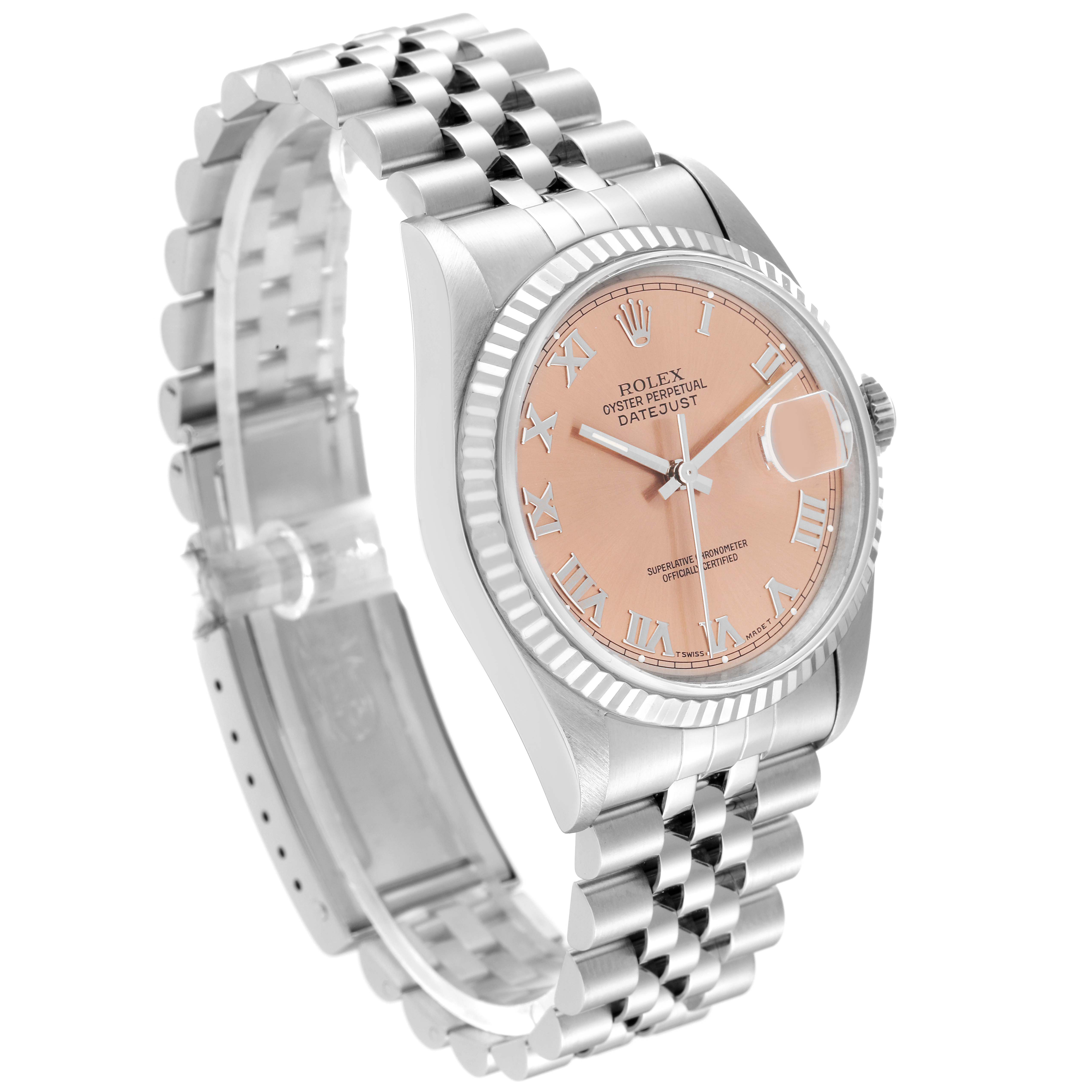 The Rolex Datejust 16234 Men's Stainless Steel Pink Dial 16234 Men's Stainless Steel Pink Dial watch is shown at an angle displaying the face, bezel, crown, and a portion of the bracelet.