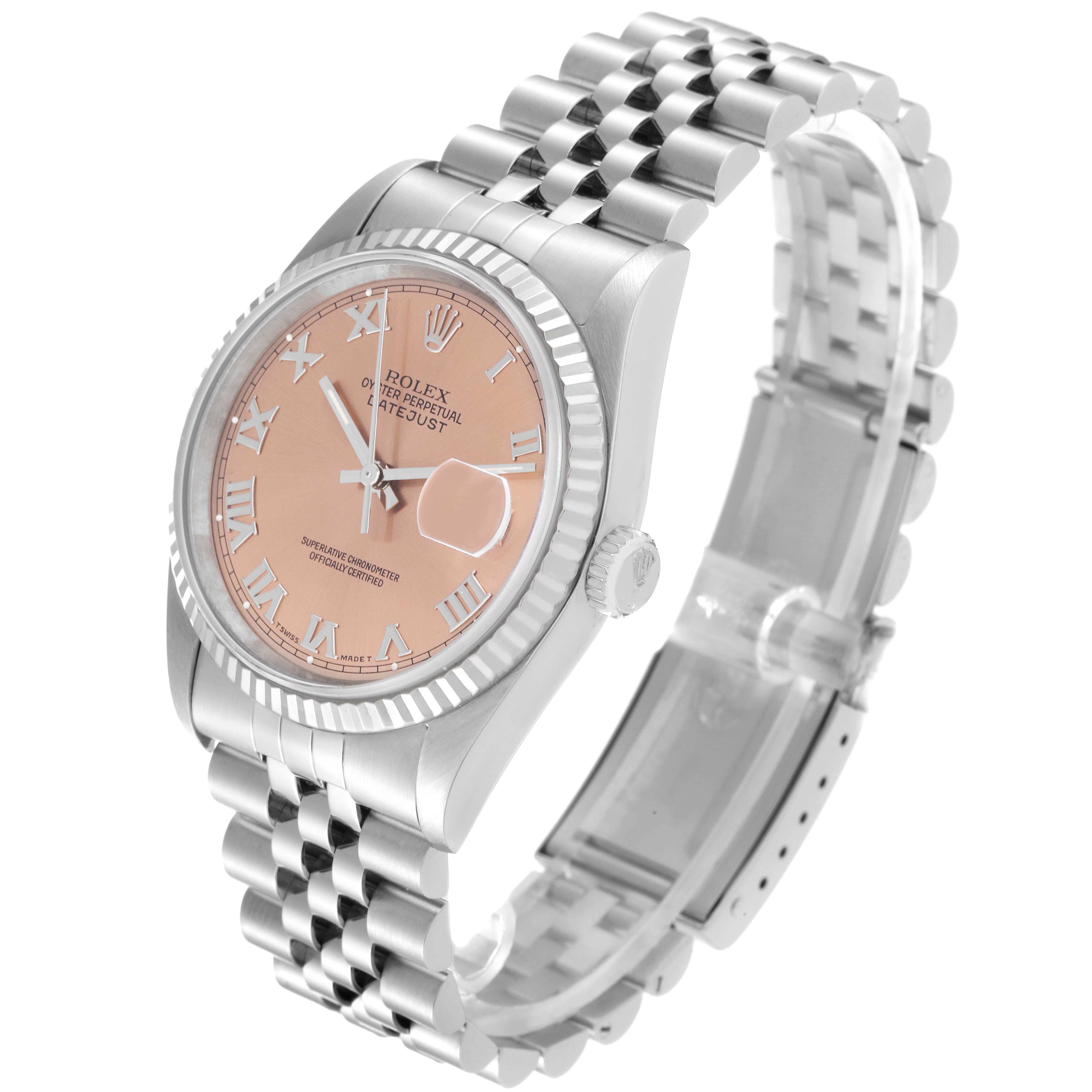 The image shows a Rolex Datejust 16234 Men's Stainless Steel Pink Dial 16234 Men's Stainless Steel Pink Dial watch at a three-quarter angle, highlighting the face, bezel, crown, and bracelet.
