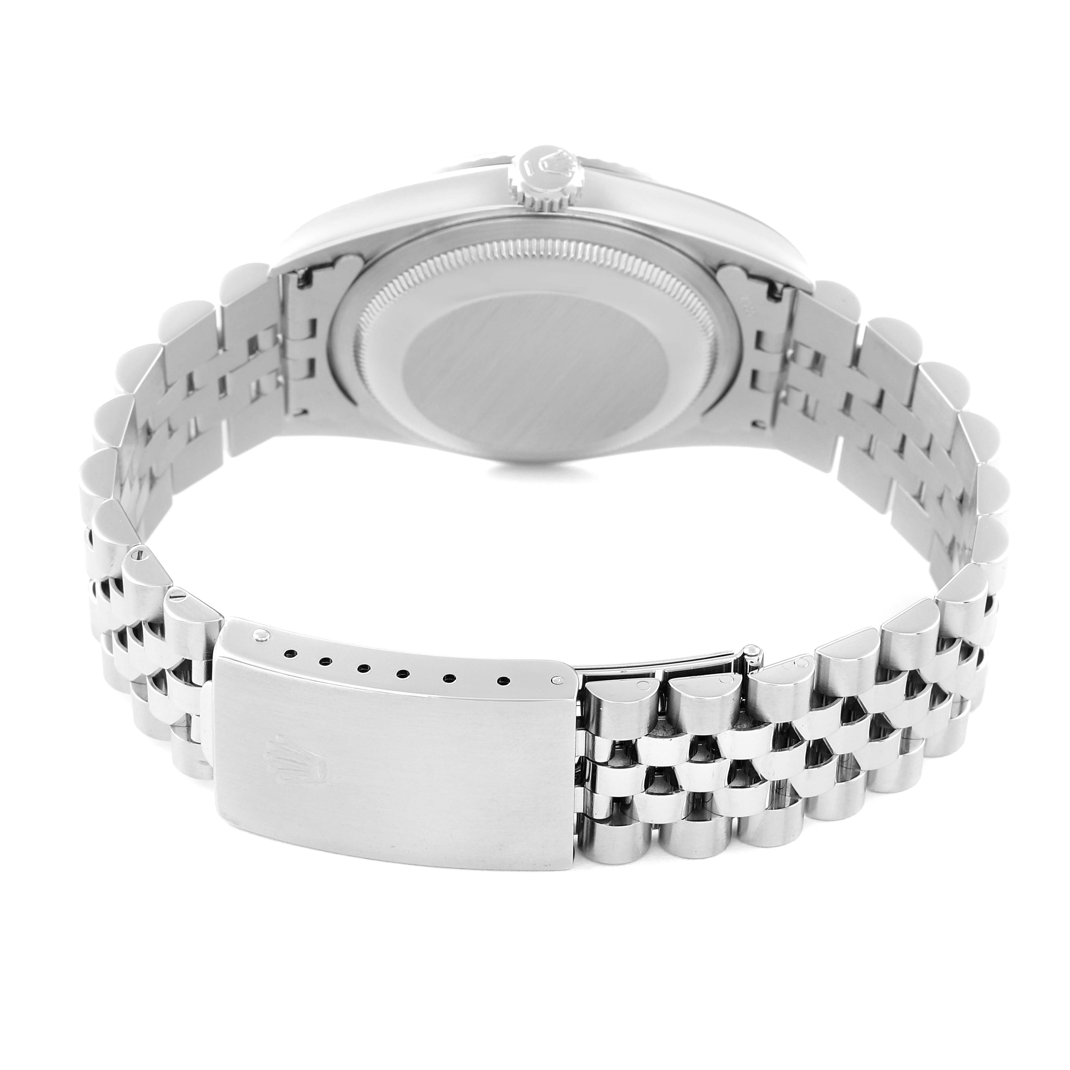 This image shows the back view of a Rolex Datejust 16234 Men's Stainless Steel Pink Dial 16234 Men's Stainless Steel Pink Dial model, highlighting its stainless steel case and bracelet with a clasp.