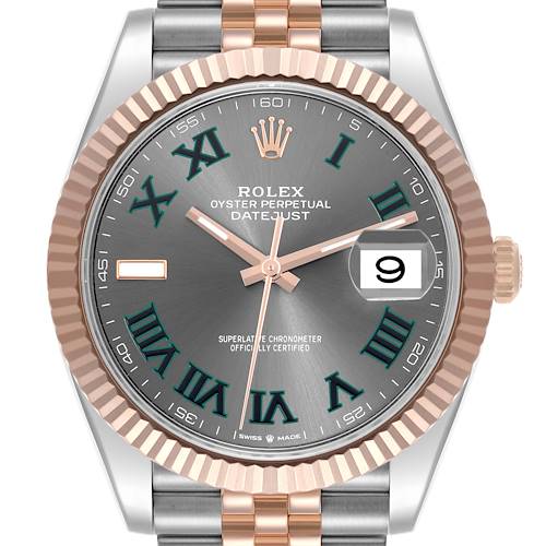 The Rolex Datejust 41 is shown from the front, highlighting its face, bezel, crown, and part of the bracelet.