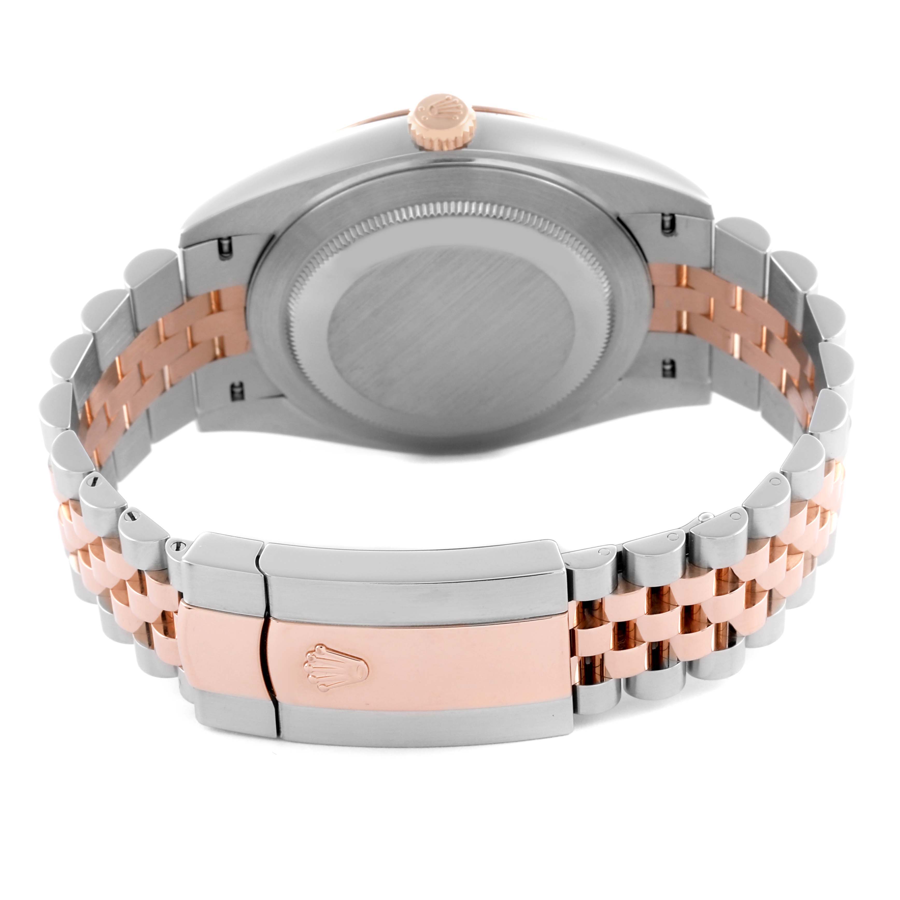 The image shows the back case, crown, and clasp of a Rolex Datejust 41 126331 Men's Steel and Gold (two tone) Grey Dial 126331 Men's Steel and Gold (two tone) Grey Dial, highlighting the two-tone bracelet.