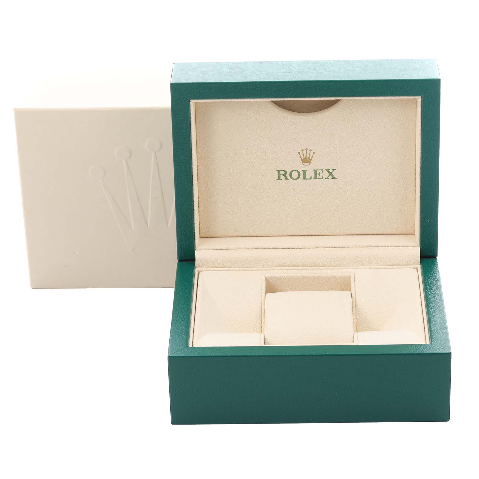 The image shows an open green and beige box for the Rolex Datejust 41 126331 Men's Steel and Gold (two tone) Grey Dial 126331 Men's Steel and Gold (two tone) Grey Dial model.