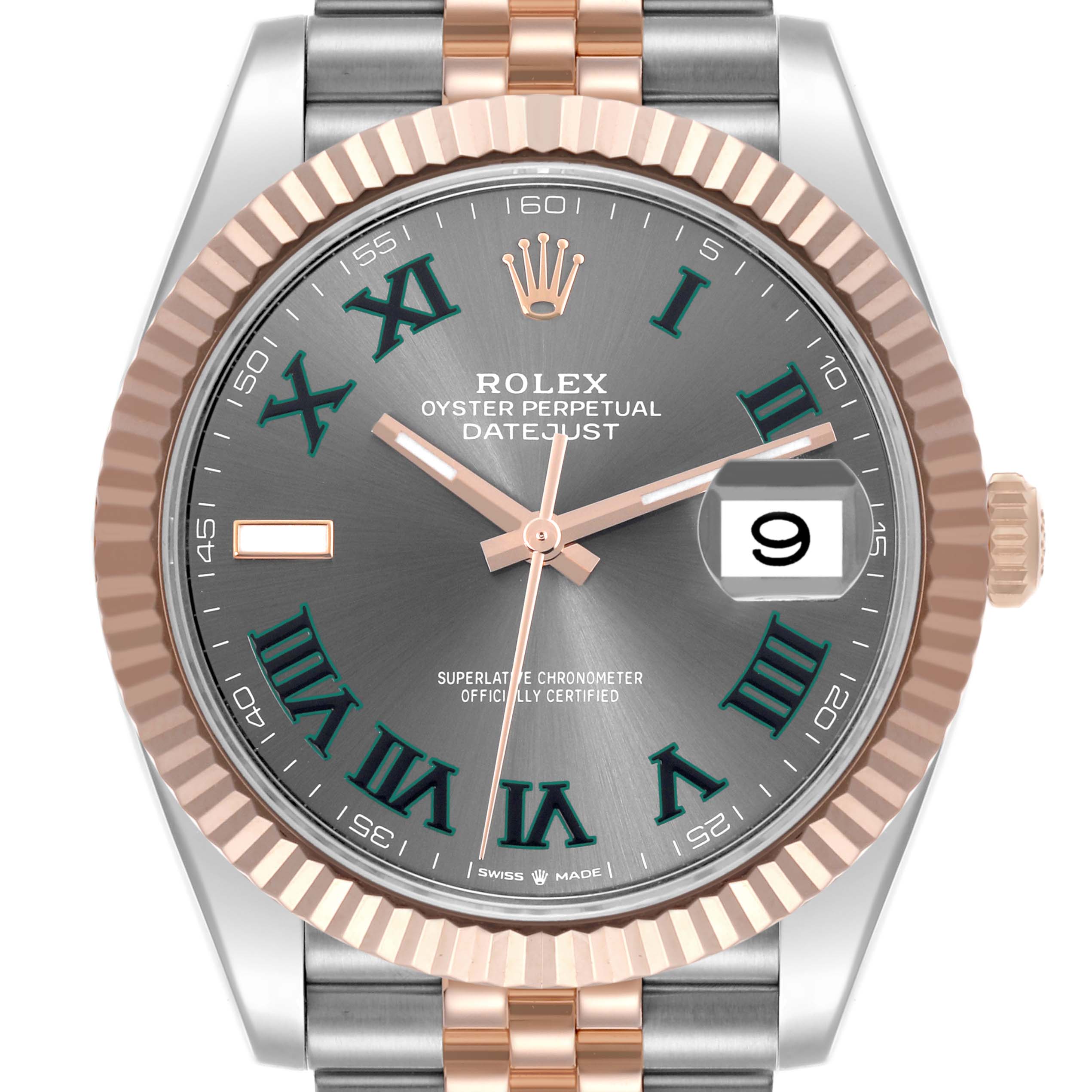 The Rolex Datejust 41 126331 Men's Steel and Gold (two tone) Grey Dial 126331 Men's Steel and Gold (two tone) Grey Dial is shown from the front, highlighting the dial, hands, fluted bezel, and part of the bracelet.