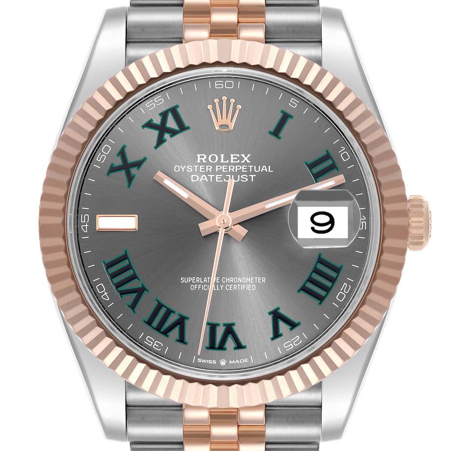 The Rolex Datejust 41 is shown from the front, highlighting the dial, hands, fluted bezel, and part of the bracelet.