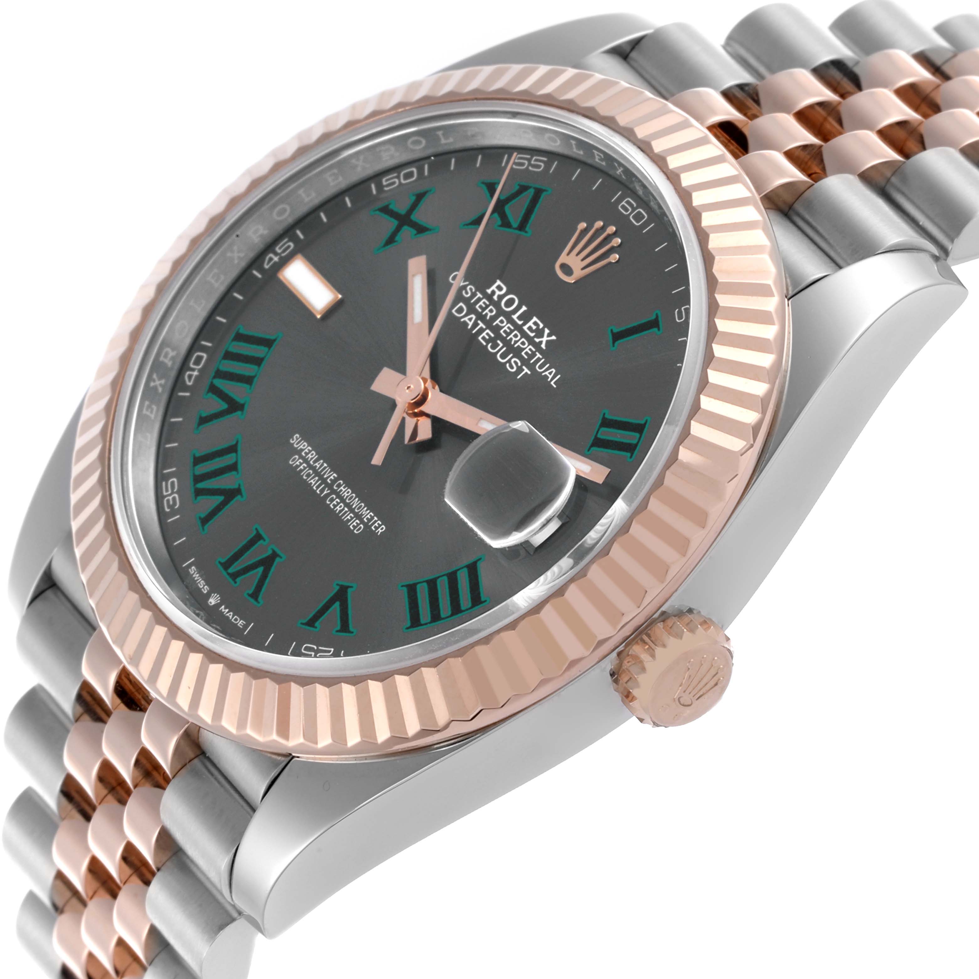 The Rolex Datejust 41 126331 Men's Steel and Gold (two tone) Grey Dial 126331 Men's Steel and Gold (two tone) Grey Dial is shown from a three-quarter angle, highlighting the face, bezel, crown, and part of the bracelet.