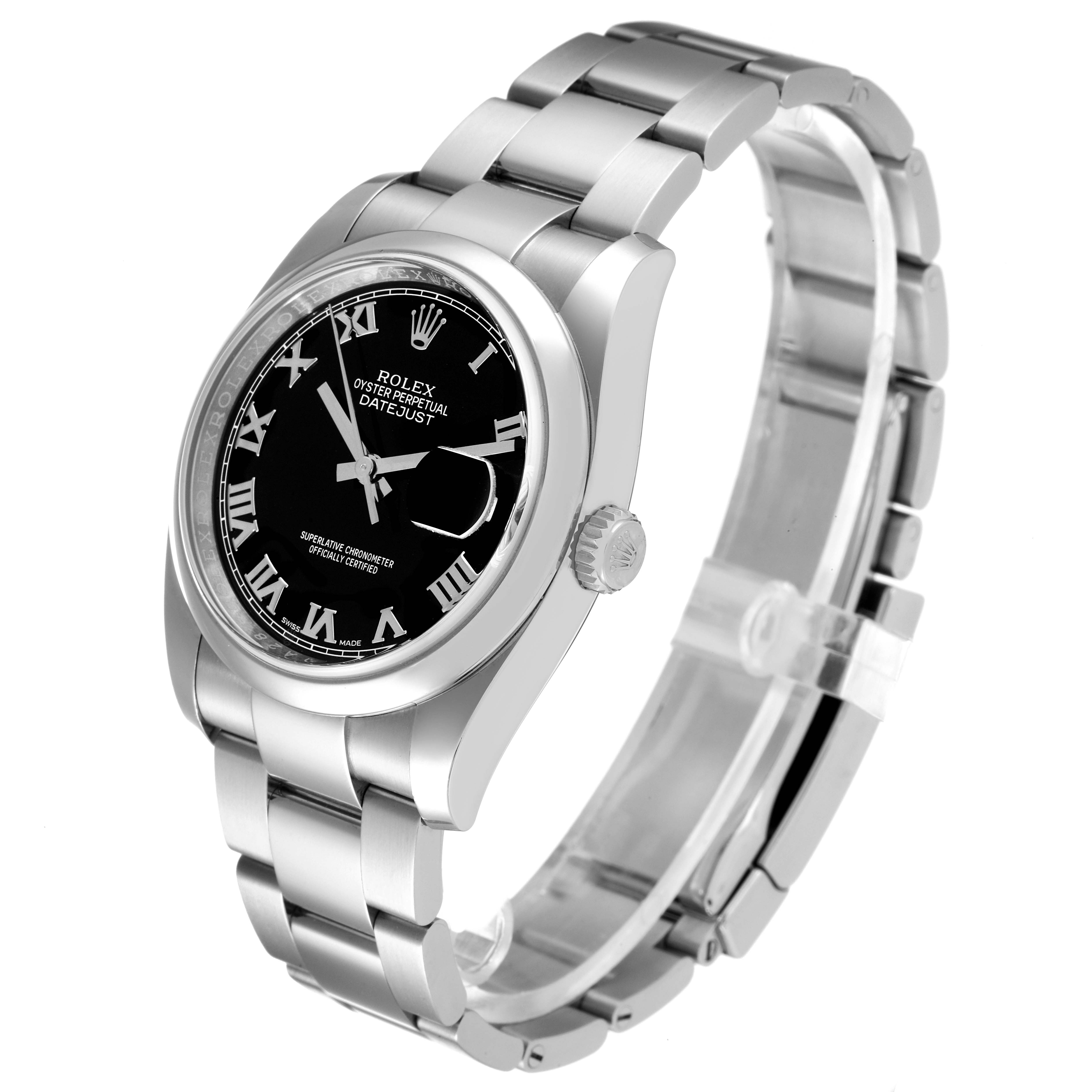 This Rolex Datejust 116200 Men's Stainless Steel Black Dial 116200 Men's Stainless Steel Black Dial model watch is shown from a slightly angled side view, displaying its black dial, bezel, crown, and bracelet.