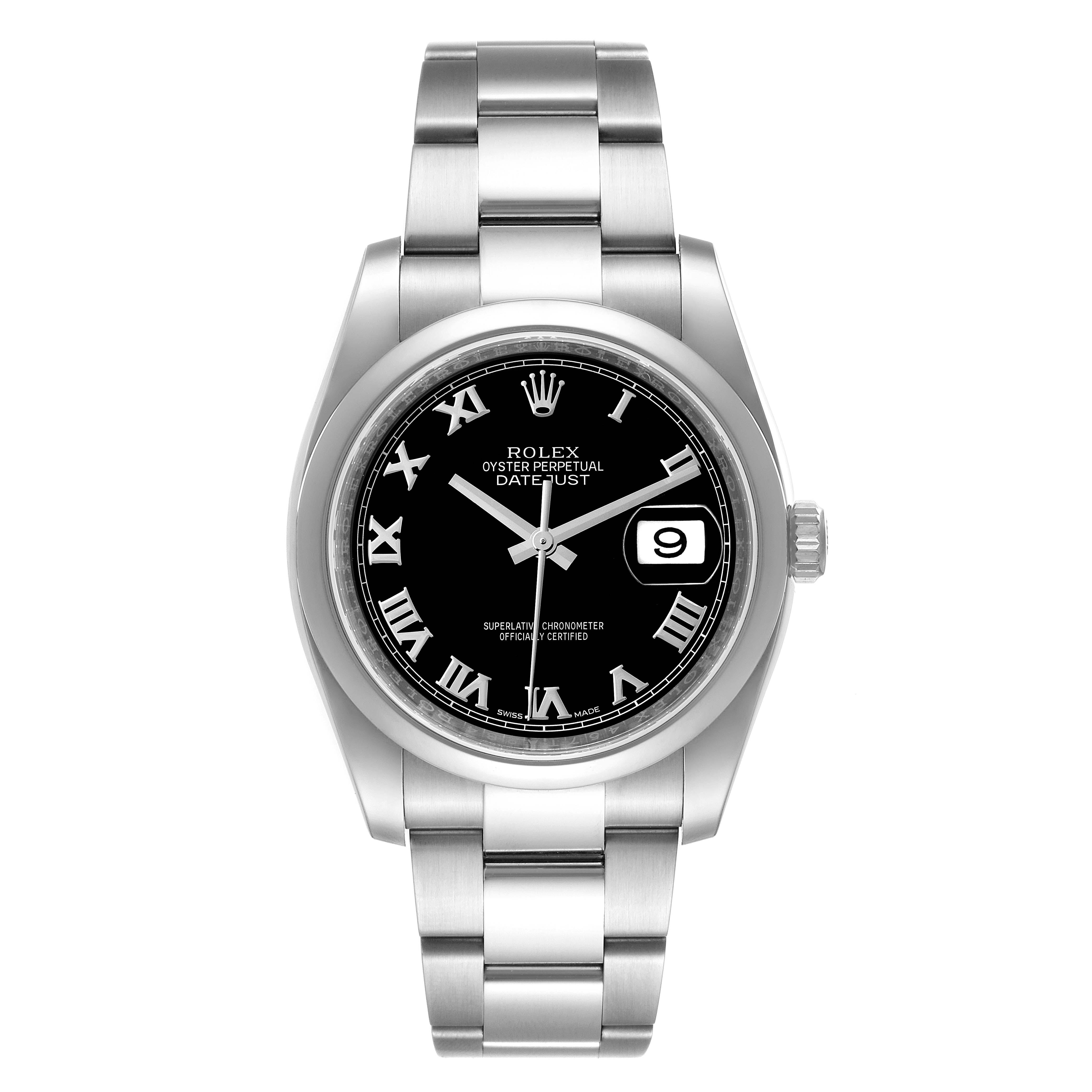 This image shows a front view of the Rolex Datejust 116200 Men's Stainless Steel Black Dial 116200 Men's Stainless Steel Black Dial watch, highlighting its black dial, Roman numerals, date display, and metal bracelet.