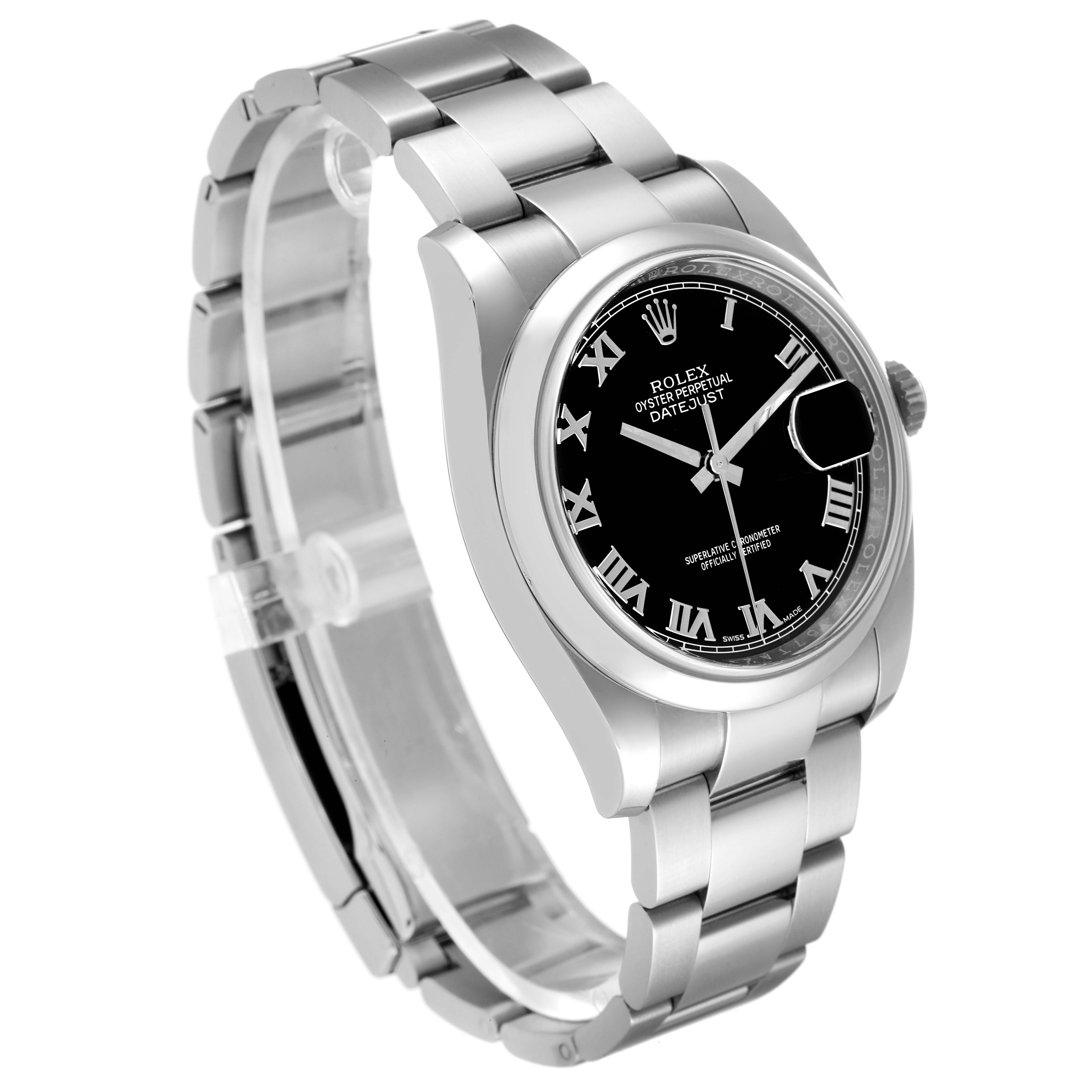 The image shows a side and front angle of a Rolex Datejust 116200 Men's Stainless Steel Black Dial 116200 Men's Stainless Steel Black Dial watch, featuring its stainless steel band and black dial.