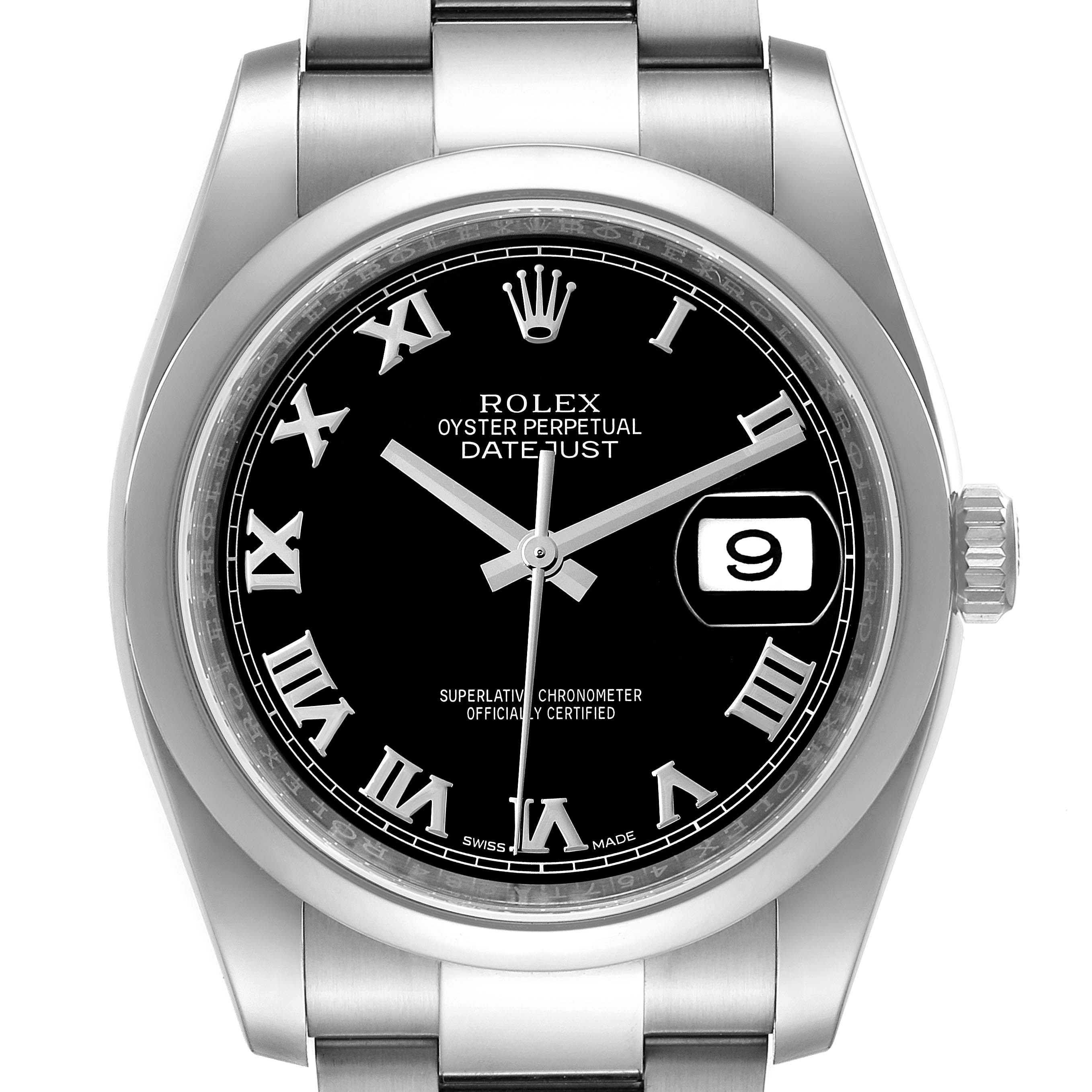 The image shows a front view of a Rolex Datejust 116200 Men's Stainless Steel Black Dial 116200 Men's Stainless Steel Black Dial watch, highlighting its black dial, Roman numeral markers, and date window.
