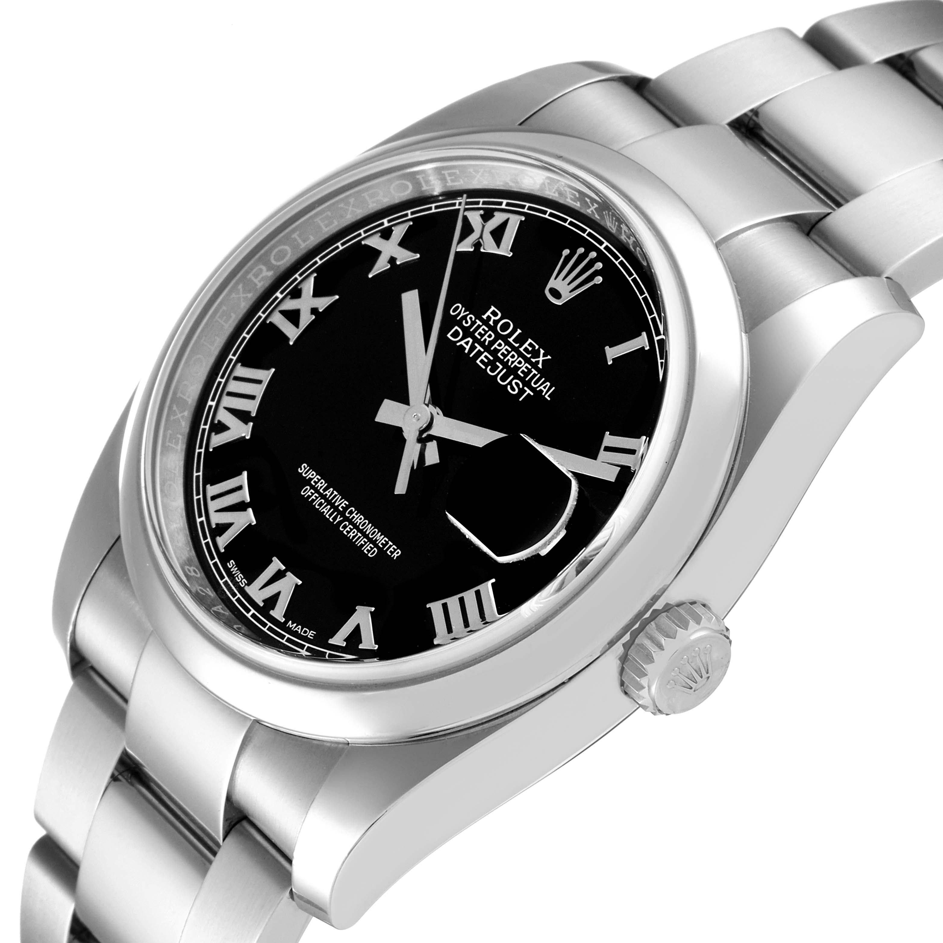 The image shows a Rolex Datejust 116200 Men's Stainless Steel Black Dial 116200 Men's Stainless Steel Black Dial watch at an angled side view, highlighting the dial, bezel, crown, and part of the bracelet.