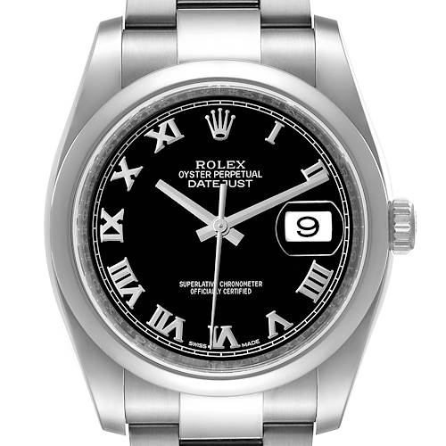 Photo of Rolex Datejust Black Roman Dial Steel Mens Watch 116200 Box Card