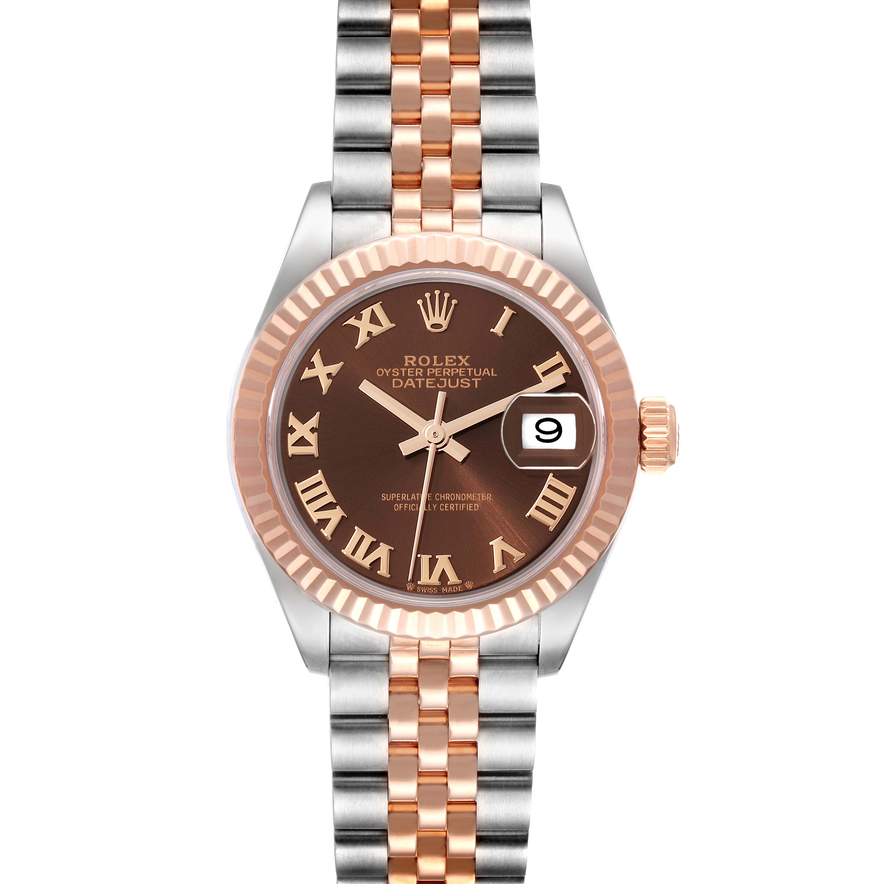 The Rolex Datejust 279171 Women's Steel and Gold (two tone) Brown Dial 279171 Women's Steel and Gold (two tone) Brown Dial watch is shown from a top-down angle, highlighting its two-tone band, fluted bezel, and date display.