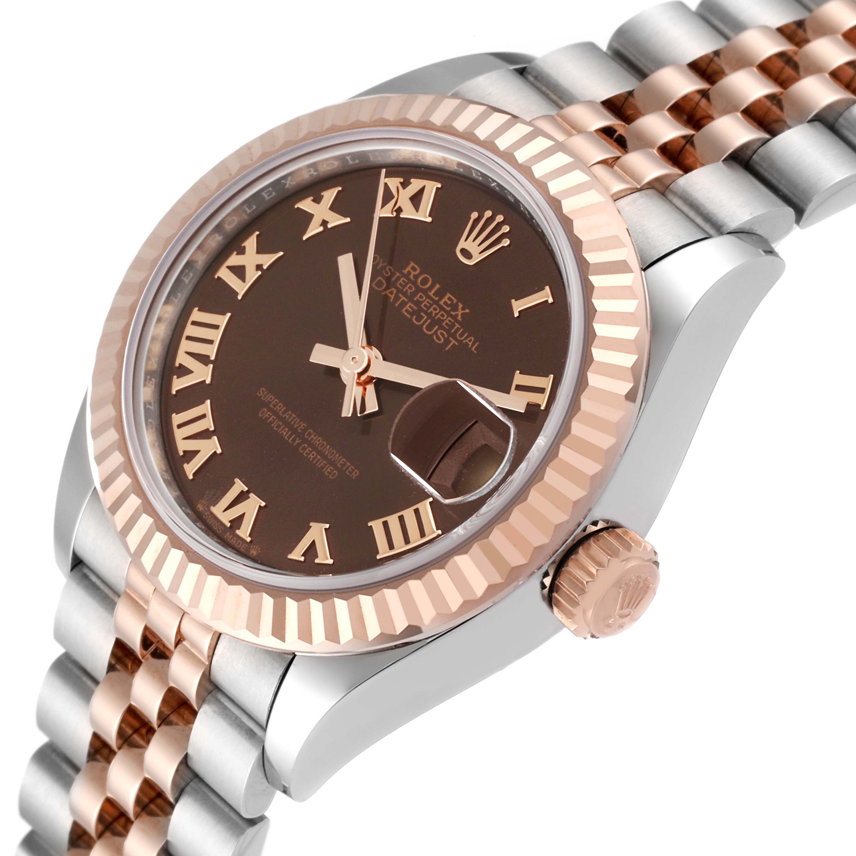 This shows a close-up angled view of a Rolex Datejust 279171 Women's Steel and Gold (two tone) Brown Dial 279171 Women's Steel and Gold (two tone) Brown Dial watch, highlighting the dial, fluted bezel, crown, and part of the bracelet.