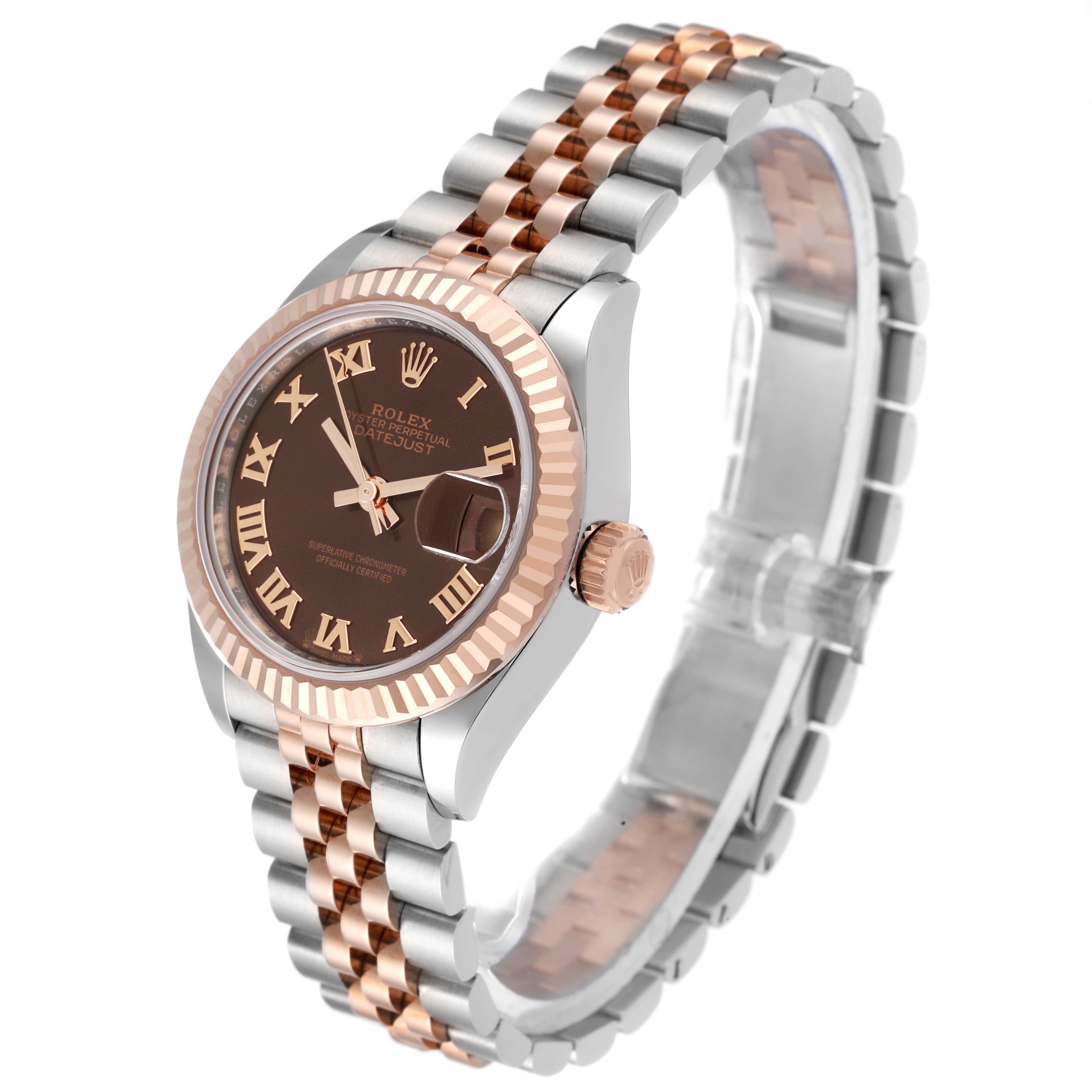 The Rolex Datejust 279171 Women's Steel and Gold (two tone) Brown Dial 279171 Women's Steel and Gold (two tone) Brown Dial watch is shown at an angle showcasing its face, bezel, crown, and two-tone bracelet.