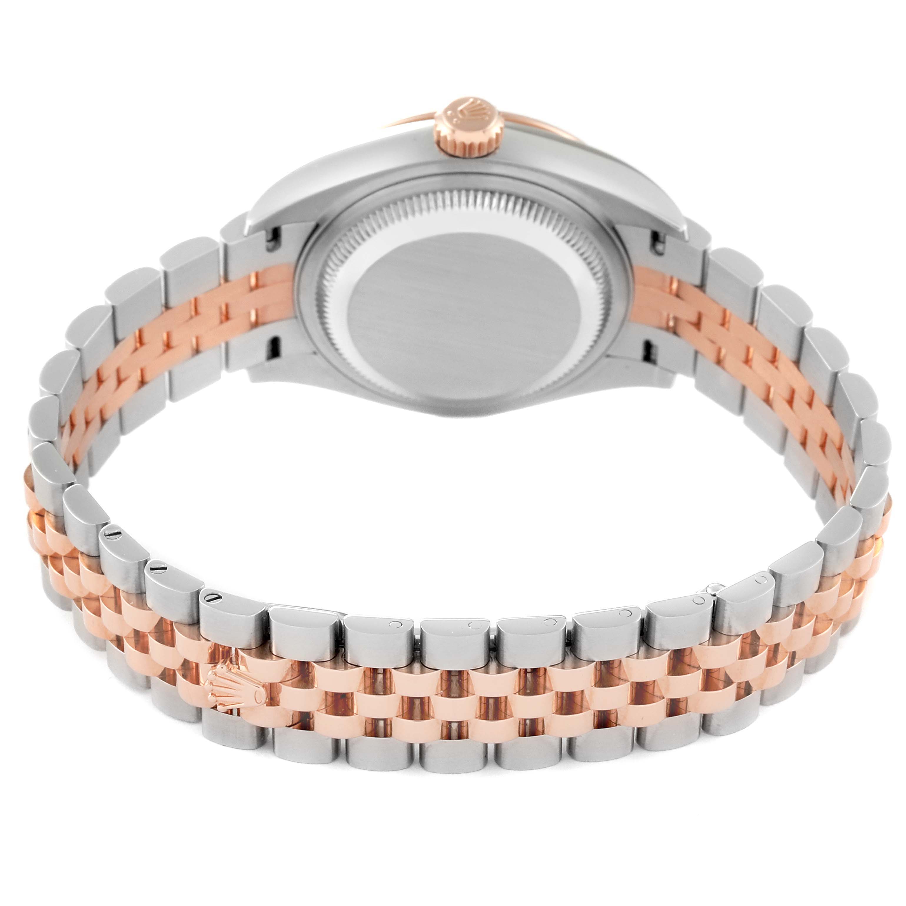 This image shows the back and bracelet of a Rolex Datejust 279171 Women's Steel and Gold (two tone) Brown Dial 279171 Women's Steel and Gold (two tone) Brown Dial model, highlighting the two-tone metal band and crown.