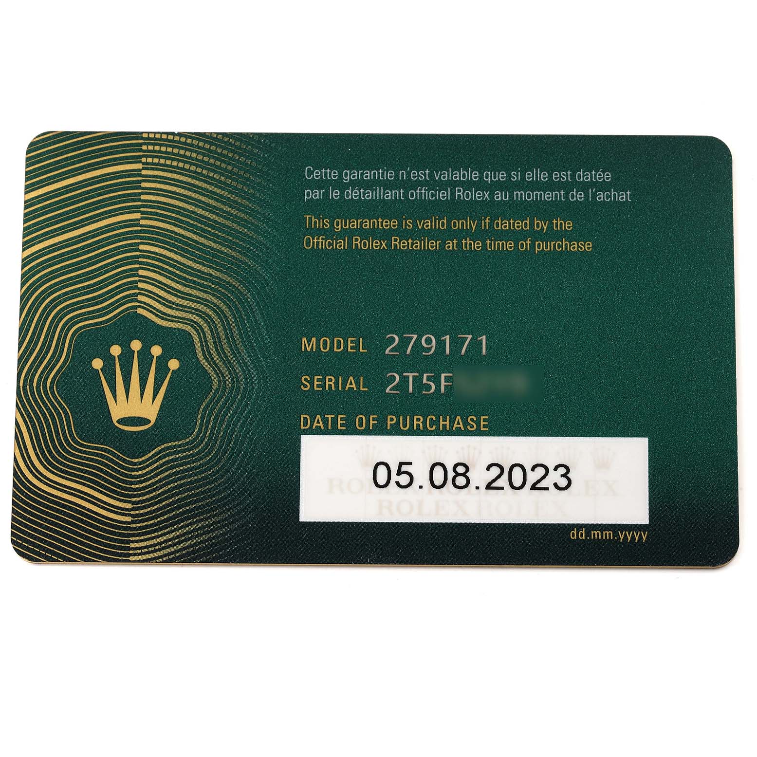 This image shows a warranty card for the Rolex Datejust 279171 Women's Steel and Gold (two tone) Brown Dial 279171 Women's Steel and Gold (two tone) Brown Dial model with serial and purchase date information.