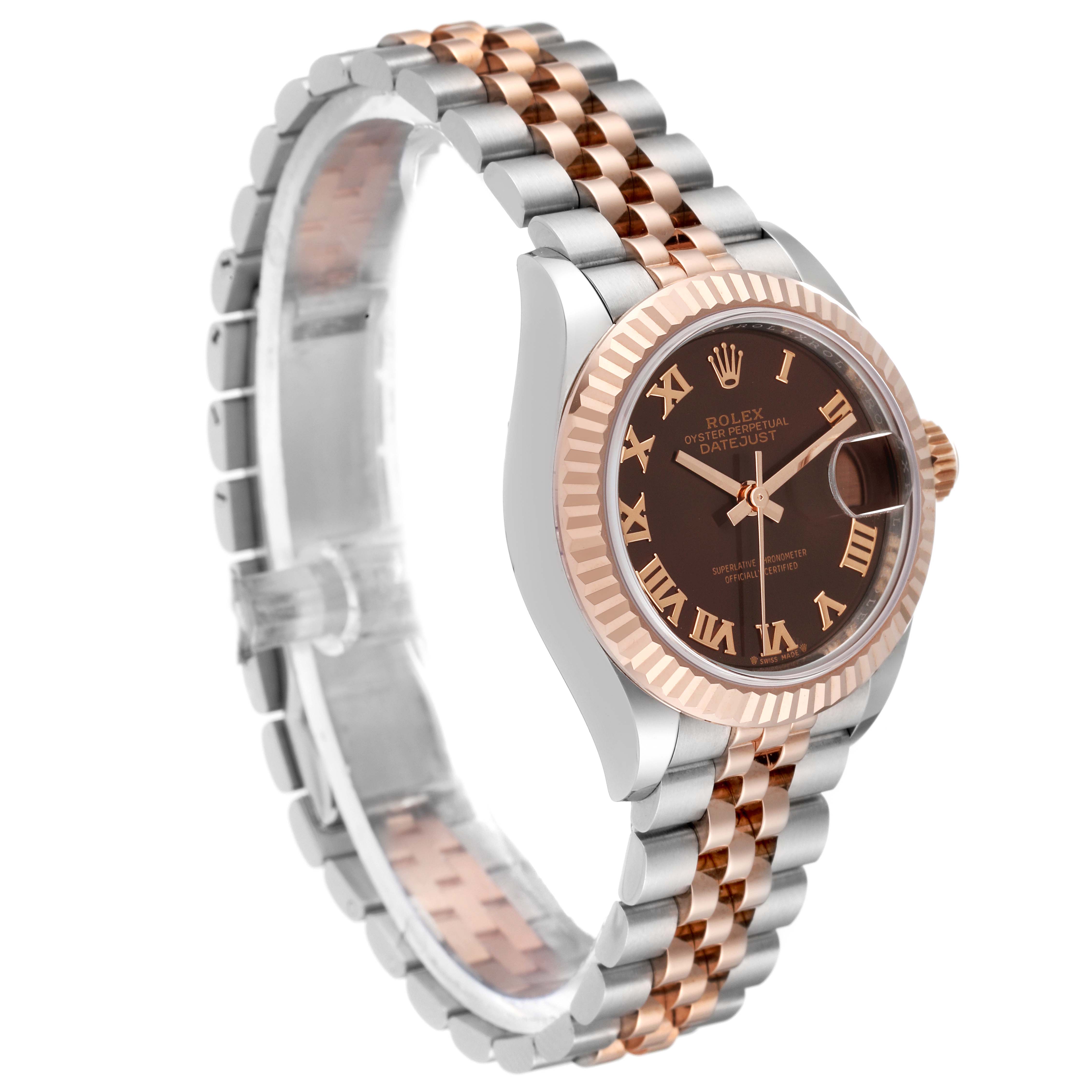 This image shows a Rolex Datejust 279171 Women's Steel and Gold (two tone) Brown Dial 279171 Women's Steel and Gold (two tone) Brown Dial watch from an angled side view, highlighting the dial, bezel, and bracelet.