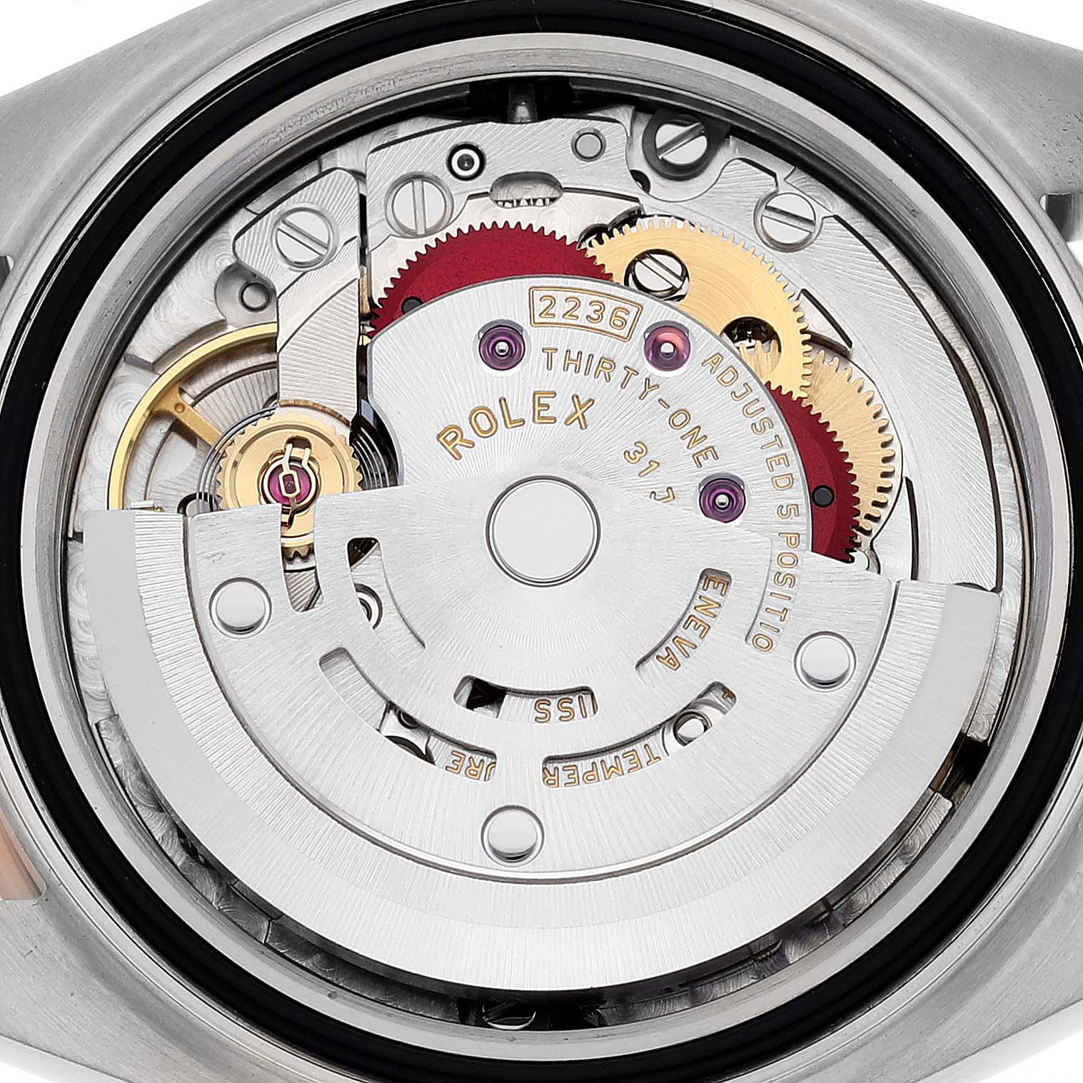 This image shows the intricate internal mechanism and movement of the Rolex Datejust 279171 Women's Steel and Gold (two tone) Brown Dial 279171 Women's Steel and Gold (two tone) Brown Dial watch from a close-up, rear angle.