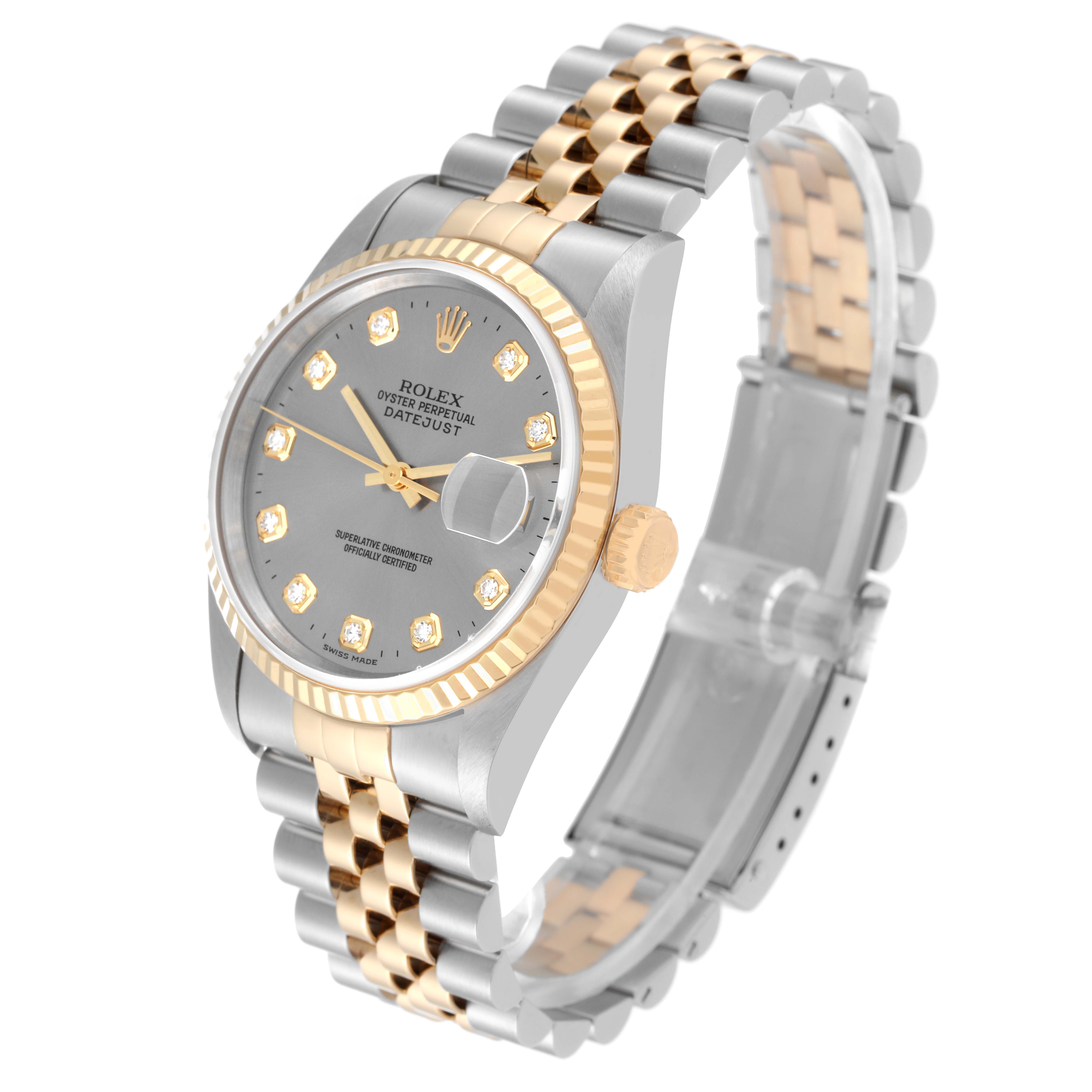 The Rolex Datejust 16233 Men's Steel and Gold (two tone) Grey Dial 16233 Men's Steel and Gold (two tone) Grey Dial watch is shown from a three-quarter angle, highlighting its face, bezel, crown, and bracelet.