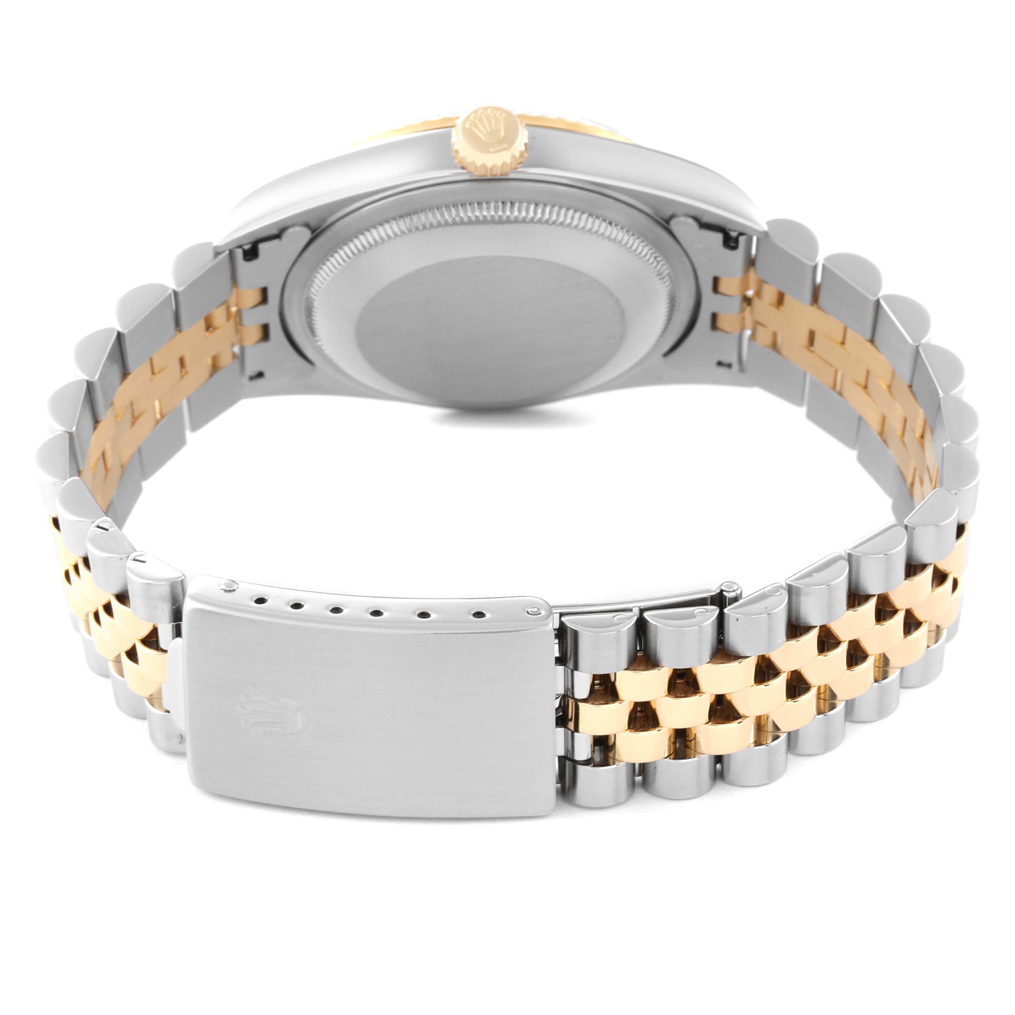 The image shows the back view of a Rolex Datejust 16233 Men's Steel and Gold (two tone) Grey Dial 16233 Men's Steel and Gold (two tone) Grey Dial watch, highlighting the case back, crown, and bi-metal bracelet.