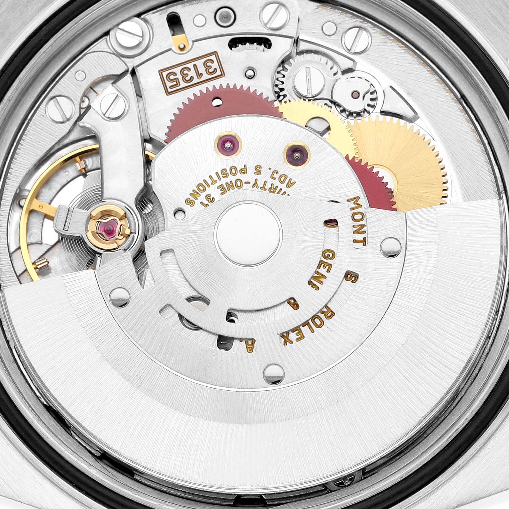 This image shows an up-close view of the mechanical movement inside the Rolex Datejust 16233 Men's Steel and Gold (two tone) Grey Dial 16233 Men's Steel and Gold (two tone) Grey Dial watch.