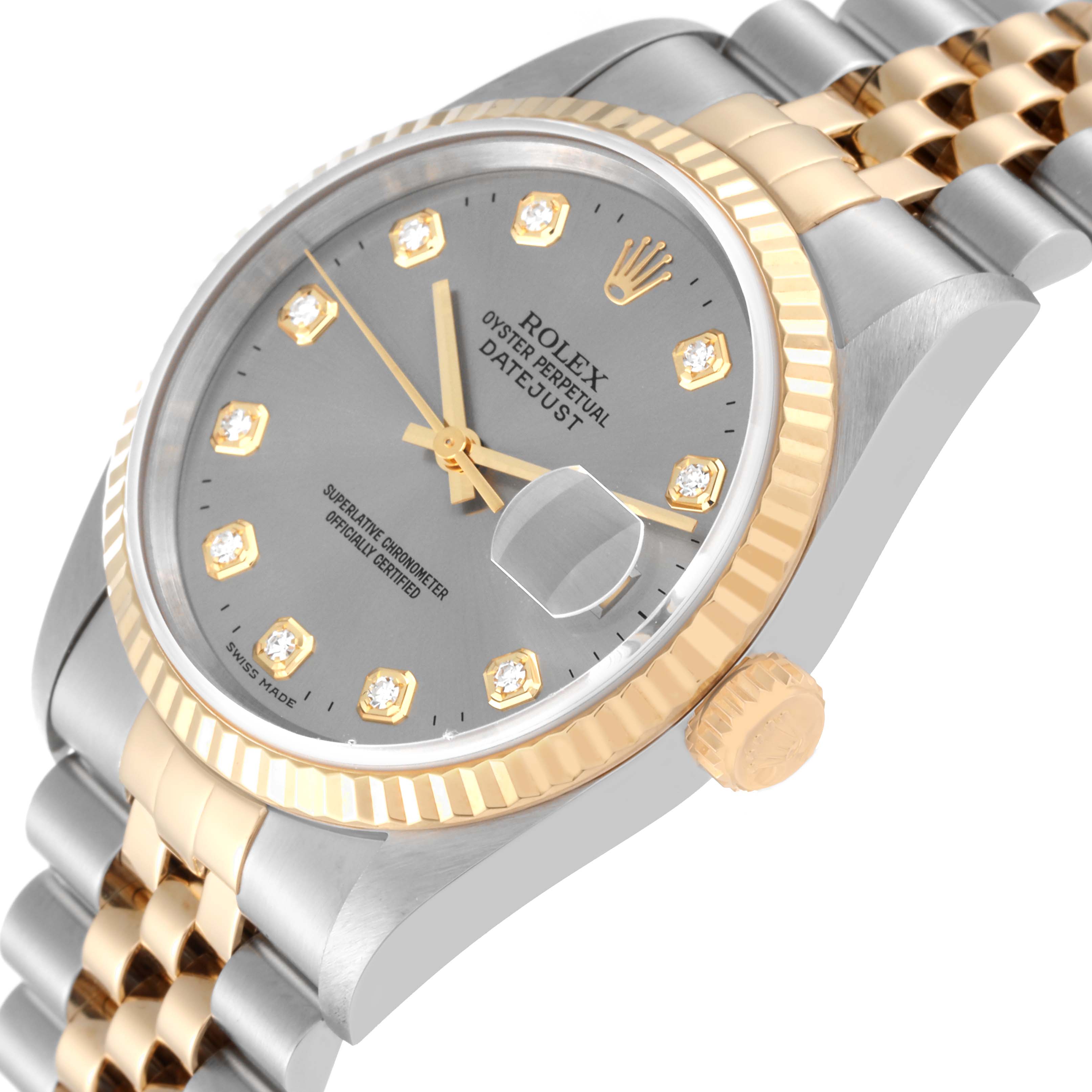 The image shows a close-up angle of a Rolex Datejust 16233 Men's Steel and Gold (two tone) Grey Dial 16233 Men's Steel and Gold (two tone) Grey Dial watch highlighting the dial, bezel, crown, and part of the bracelet.