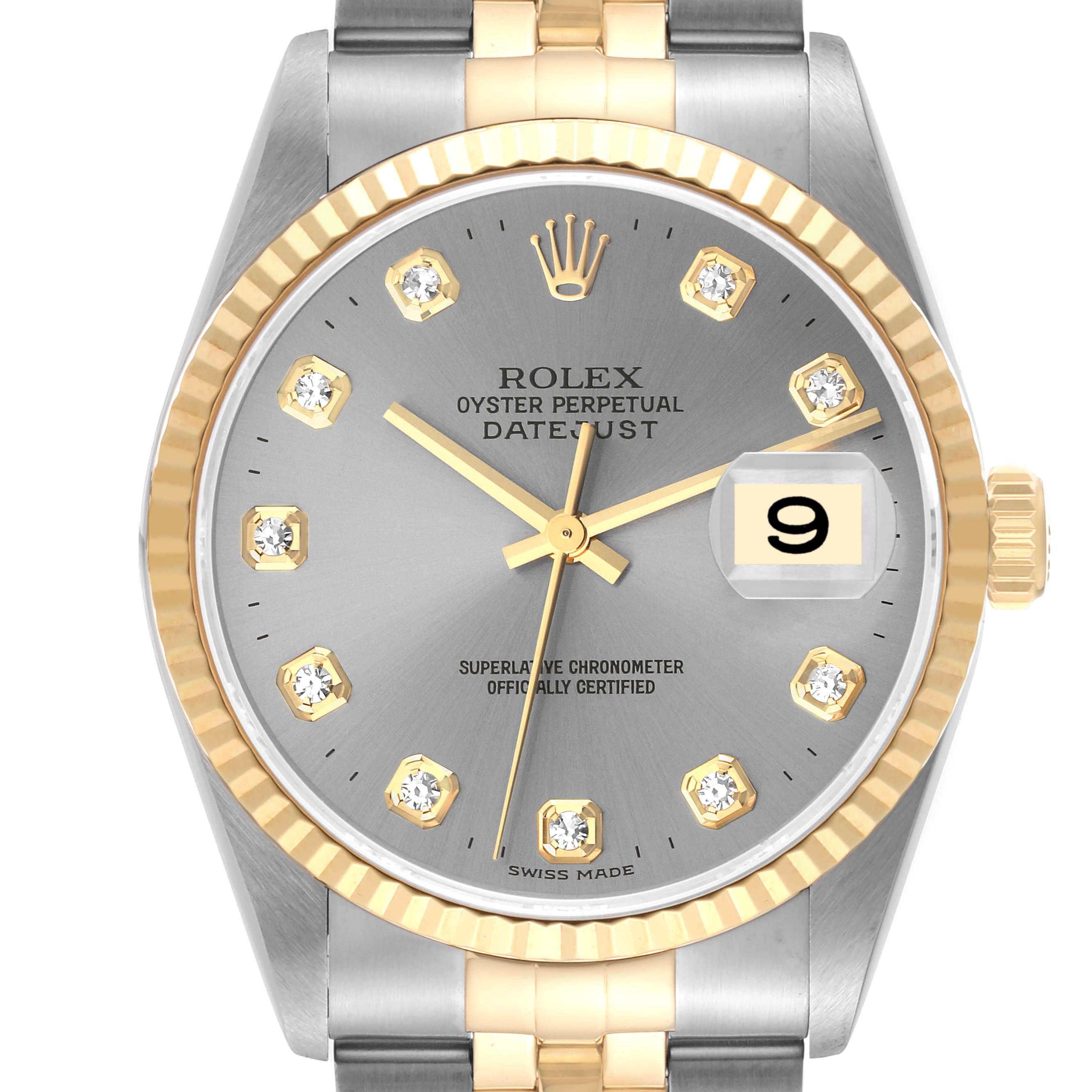 The image shows a close-up front view of the Rolex Datejust 16233 Men's Steel and Gold (two tone) Grey Dial 16233 Men's Steel and Gold (two tone) Grey Dial watch, highlighting the dial, date window, hands, and part of the bracelet.
