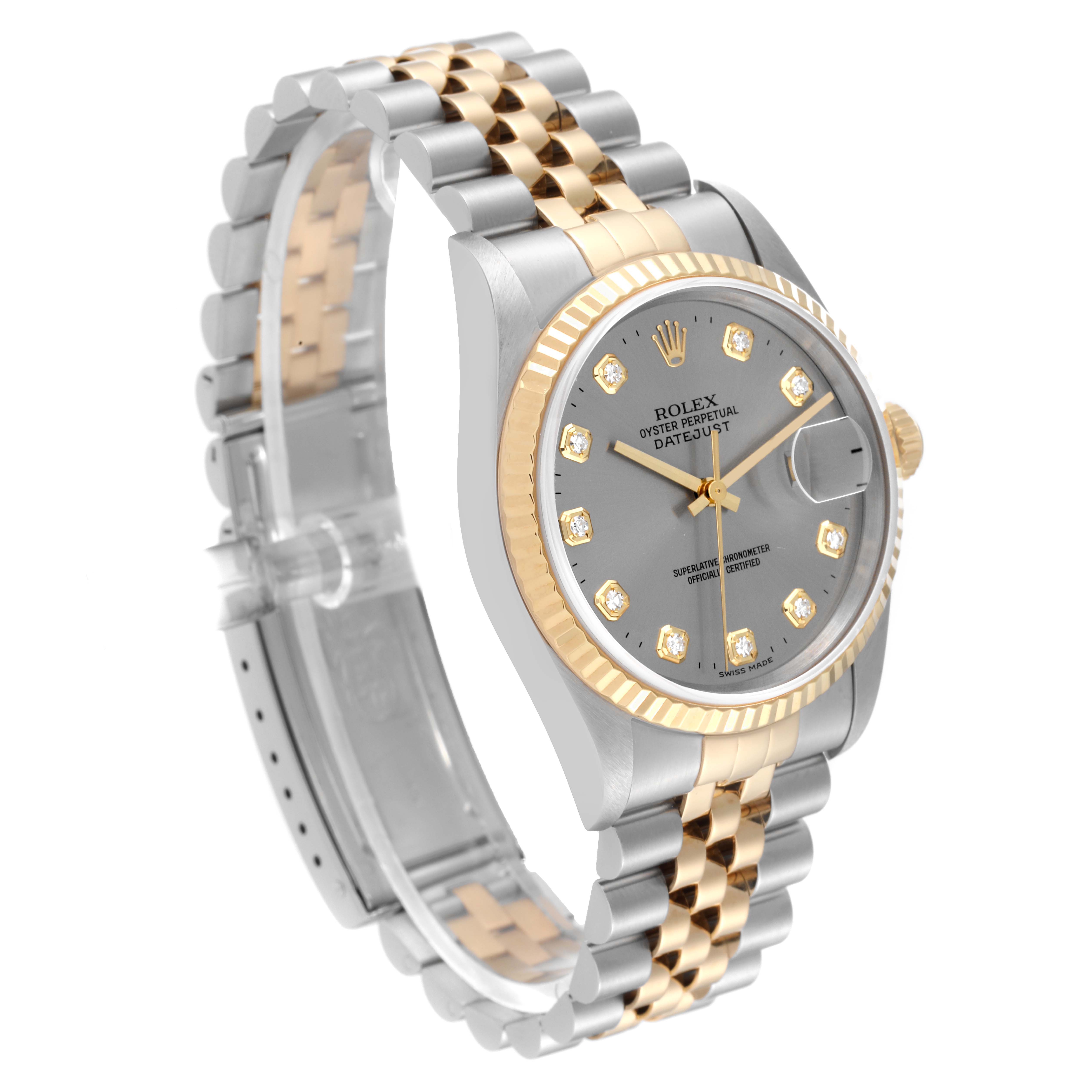 This Rolex Datejust 16233 Men's Steel and Gold (two tone) Grey Dial 16233 Men's Steel and Gold (two tone) Grey Dial watch is shown at a three-quarter angle, highlighting its two-tone bracelet and diamond hour markers.