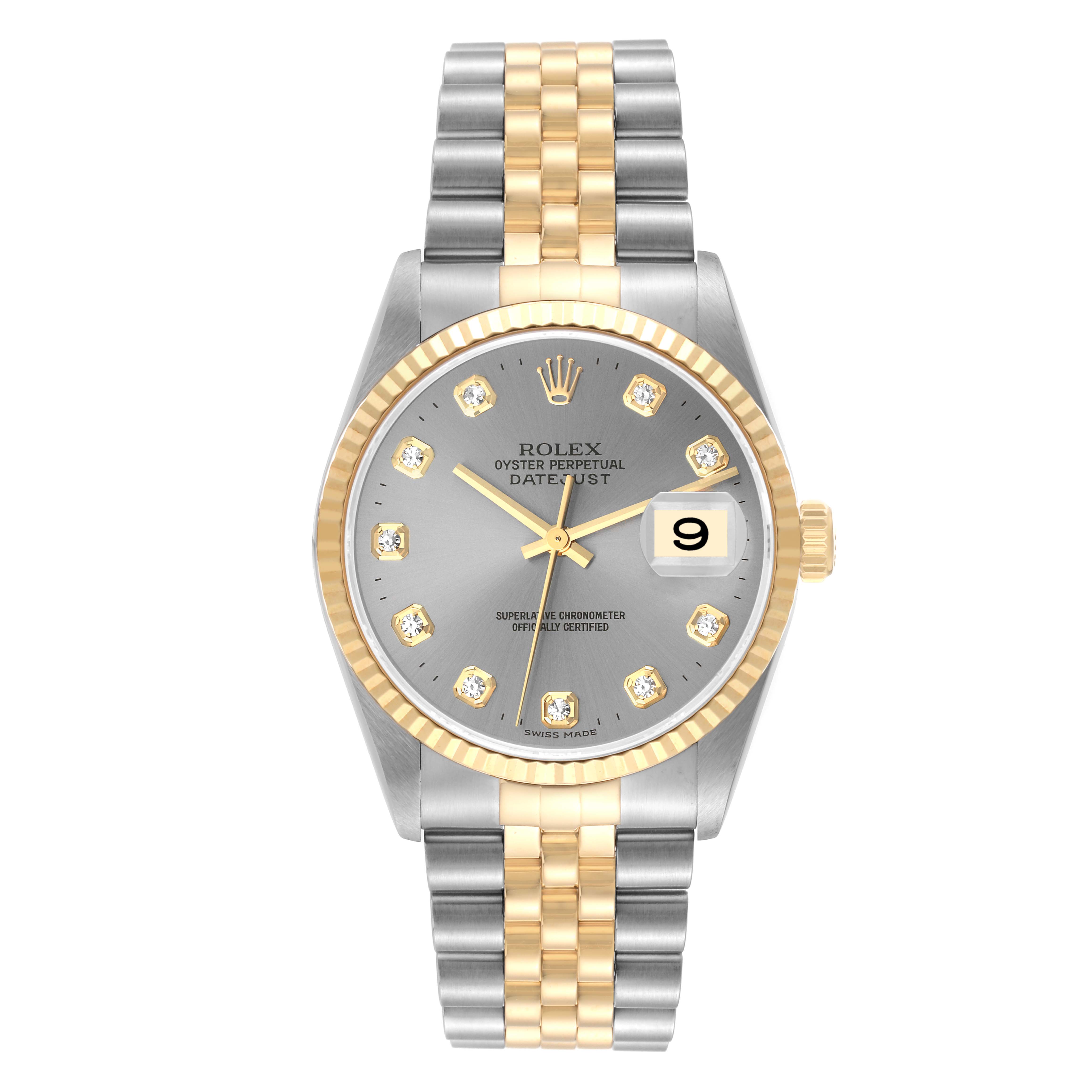 The image shows a Rolex Datejust 16233 Men's Steel and Gold (two tone) Grey Dial 16233 Men's Steel and Gold (two tone) Grey Dial watch from a straight-on angle, highlighting the dial, bezel, bracelet, and date window.