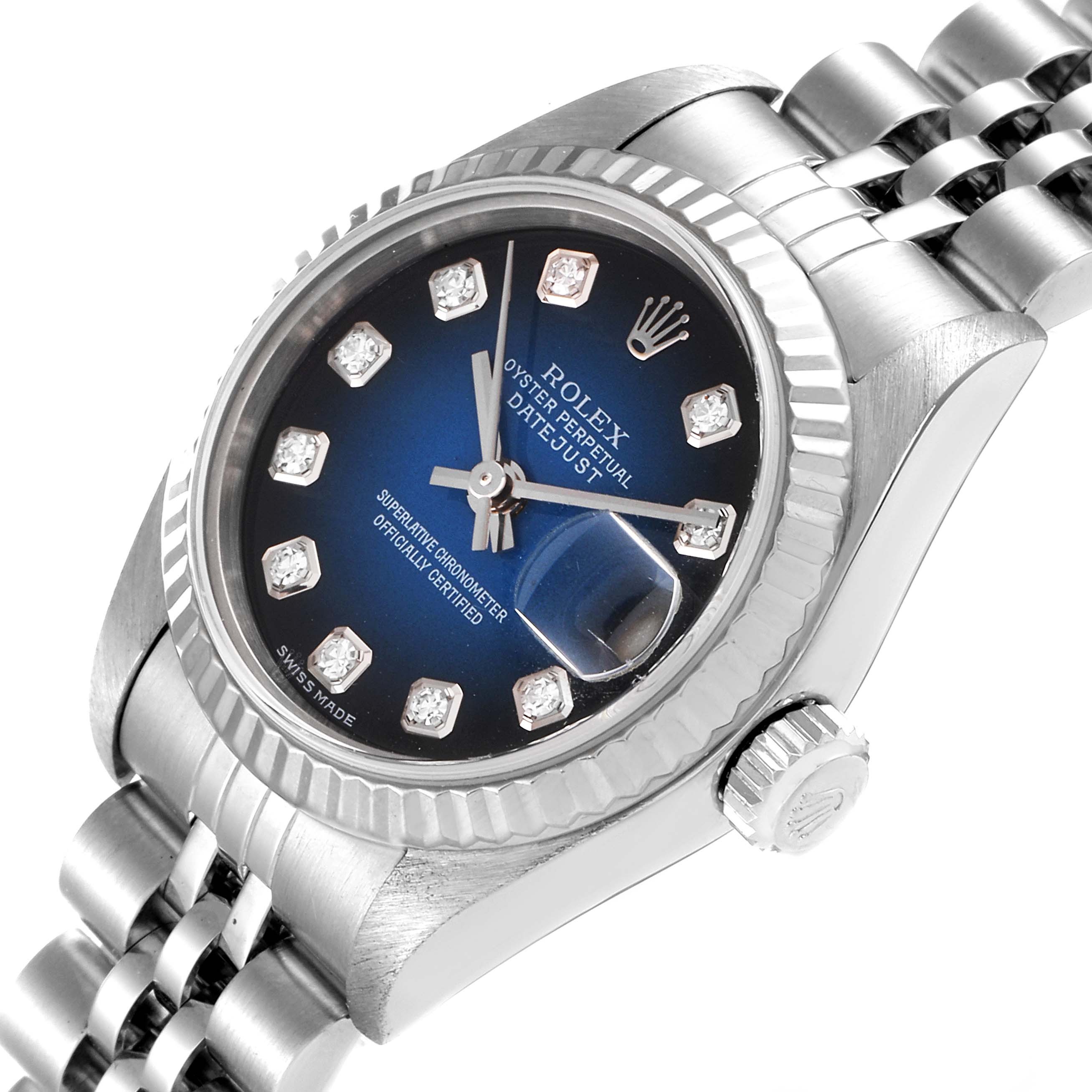 This image shows a close-up, angled view of a Rolex Datejust 79174 Women's Stainless Steel Blue Dial 79174 Women's Stainless Steel Blue Dial watch, highlighting the dial, crown, and part of the bracelet.