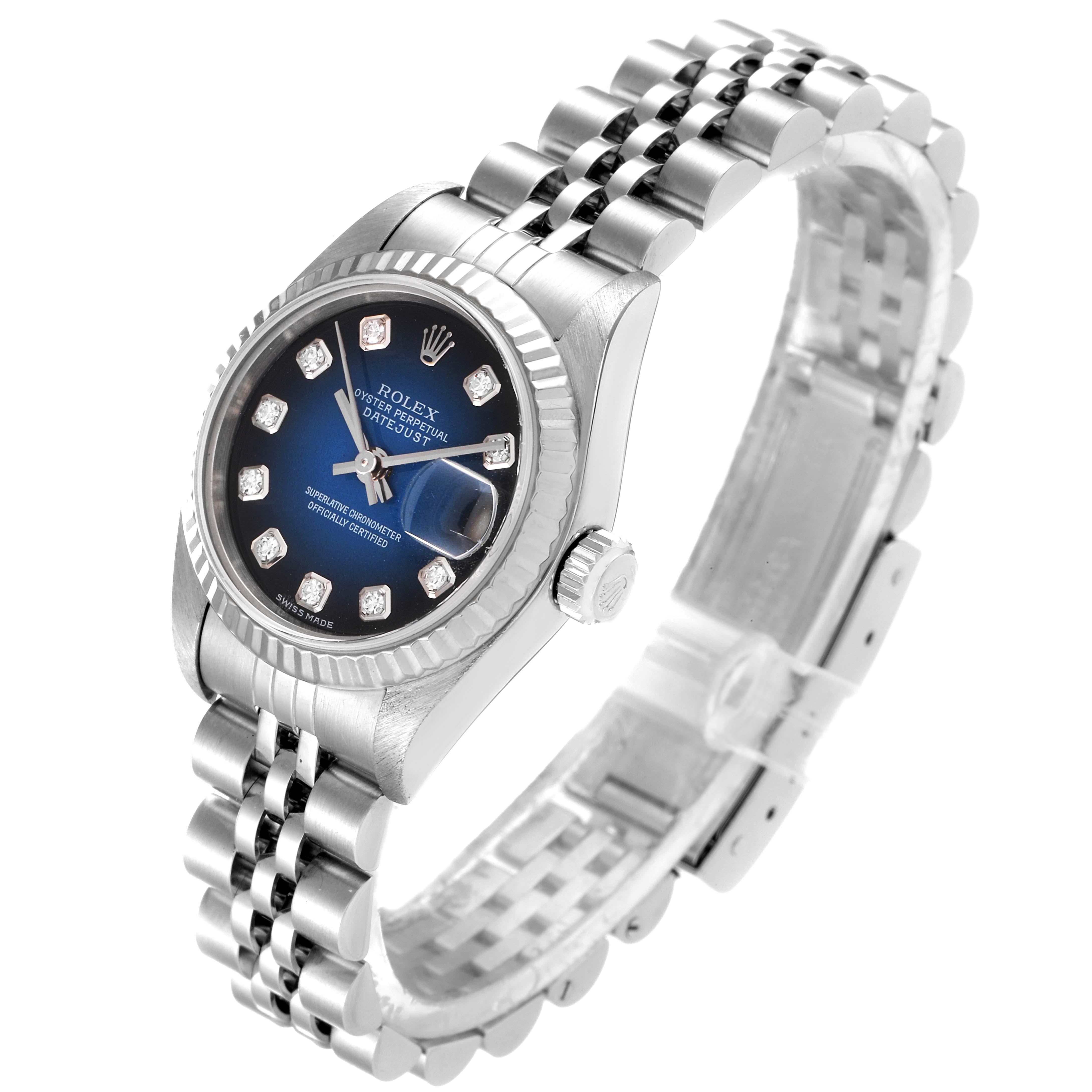 The Rolex Datejust 79174 Women's Stainless Steel Blue Dial 79174 Women's Stainless Steel Blue Dial watch is shown at an oblique angle, highlighting its bezel, crown, and bracelet.