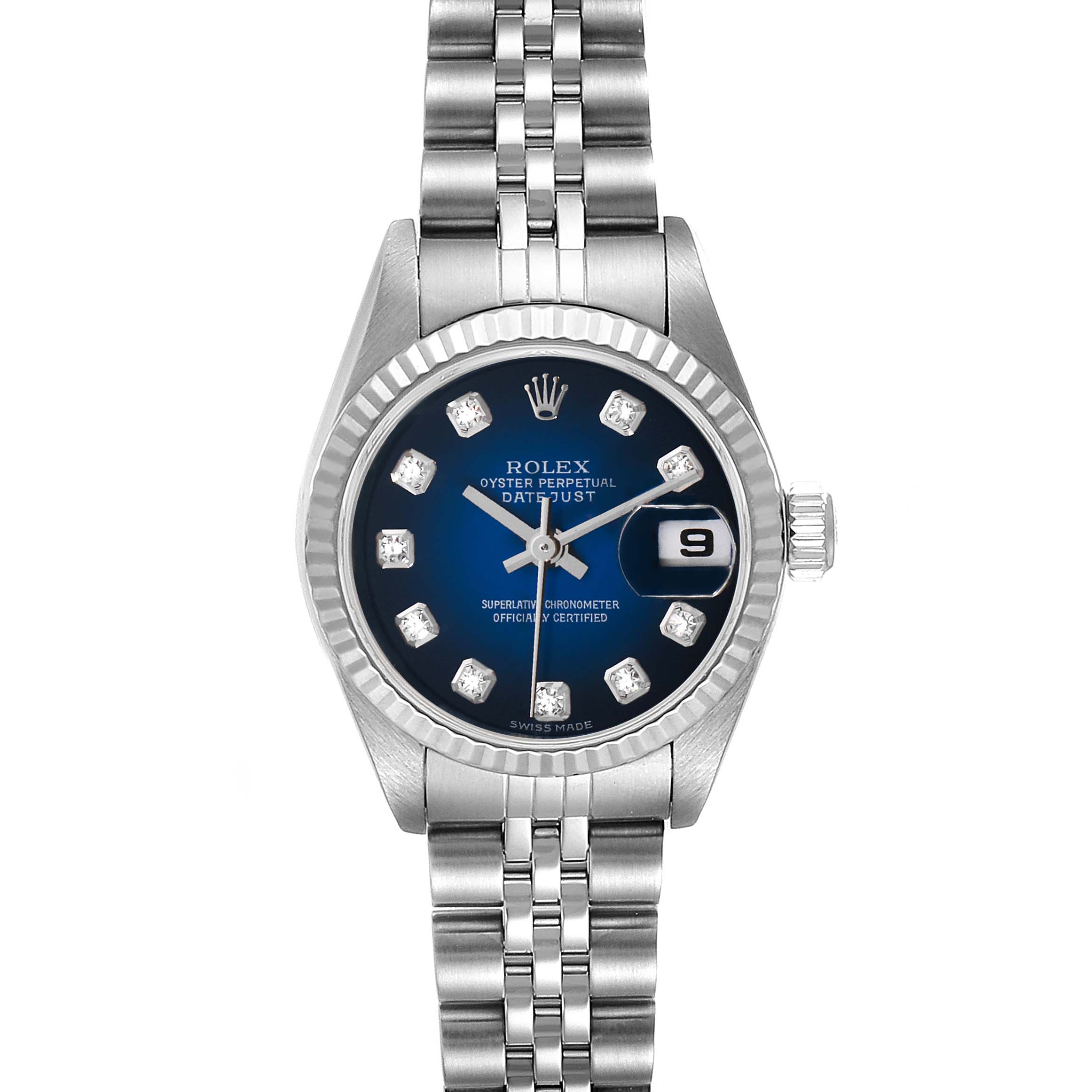 The image shows a front view of a Rolex Datejust 79174 Women's Stainless Steel Blue Dial 79174 Women's Stainless Steel Blue Dial watch with a blue dial and a stainless steel bracelet.