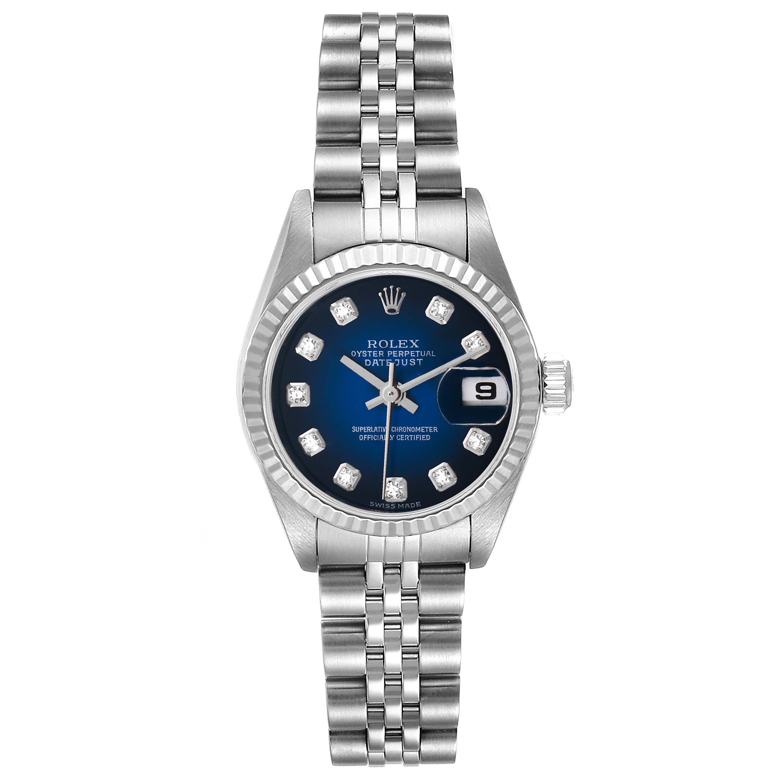 The image shows a front view of a Rolex Datejust 79174 Women's Stainless Steel Blue Dial 79174 Women's Stainless Steel Blue Dial watch, highlighting its face, bezel, crown, and bracelet.