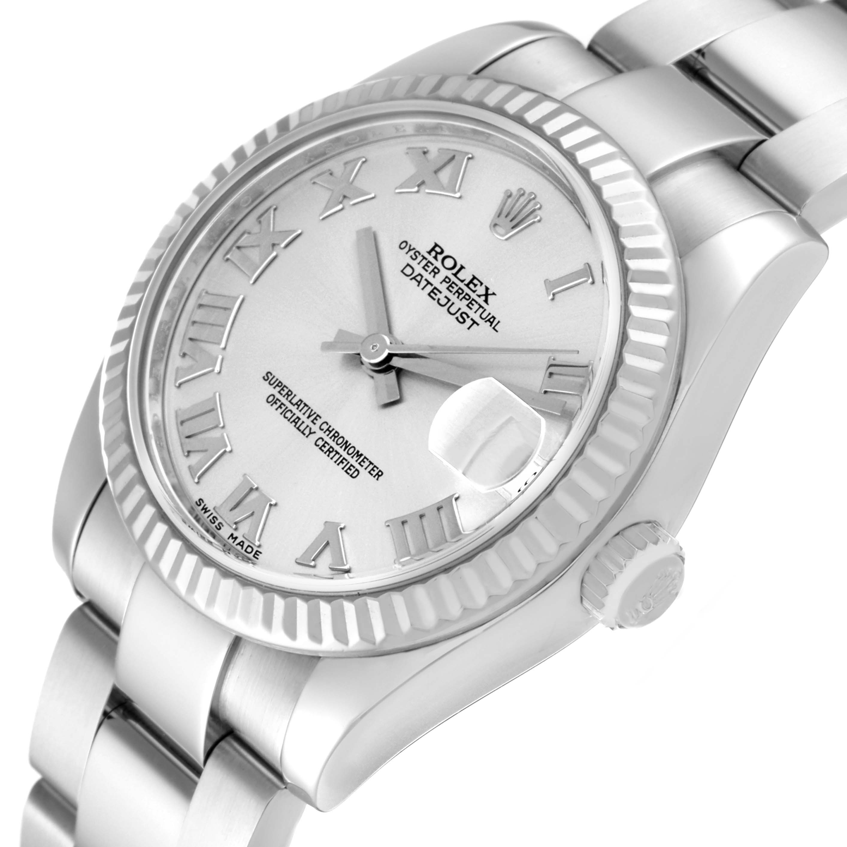 The image shows a close-up and angled view of the Rolex Oyster Perpetual Datejust Mid-Size watch, highlighting the dial, bezel, and part of the bracelet.
