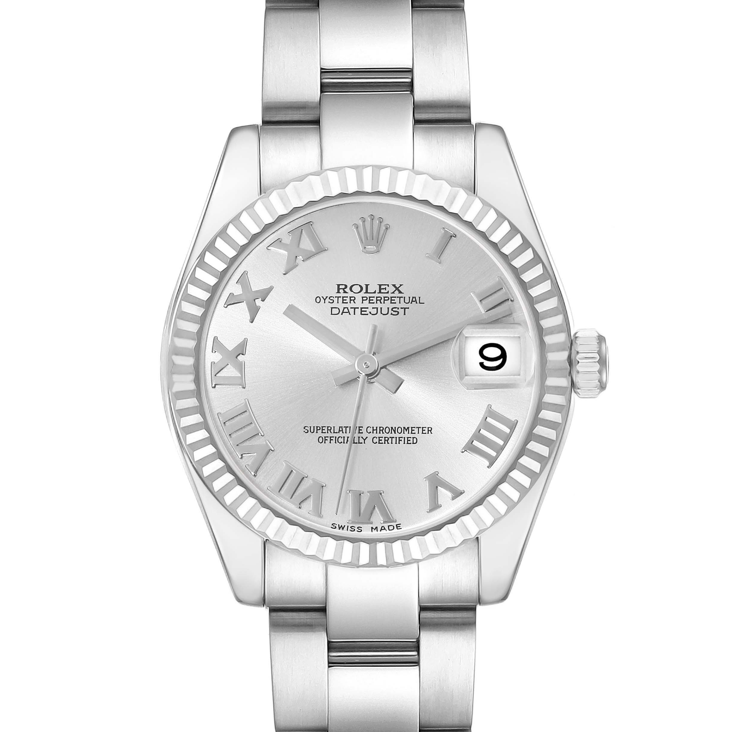 This image shows a front view of the Rolex Mid-Size 178274 Women
s Stainless Steel Silver Dial 178274 Women
s Stainless Steel Silver Dial Oyster Perpetual Datejust watch, highlighting its dial, bracelet, and date feature.