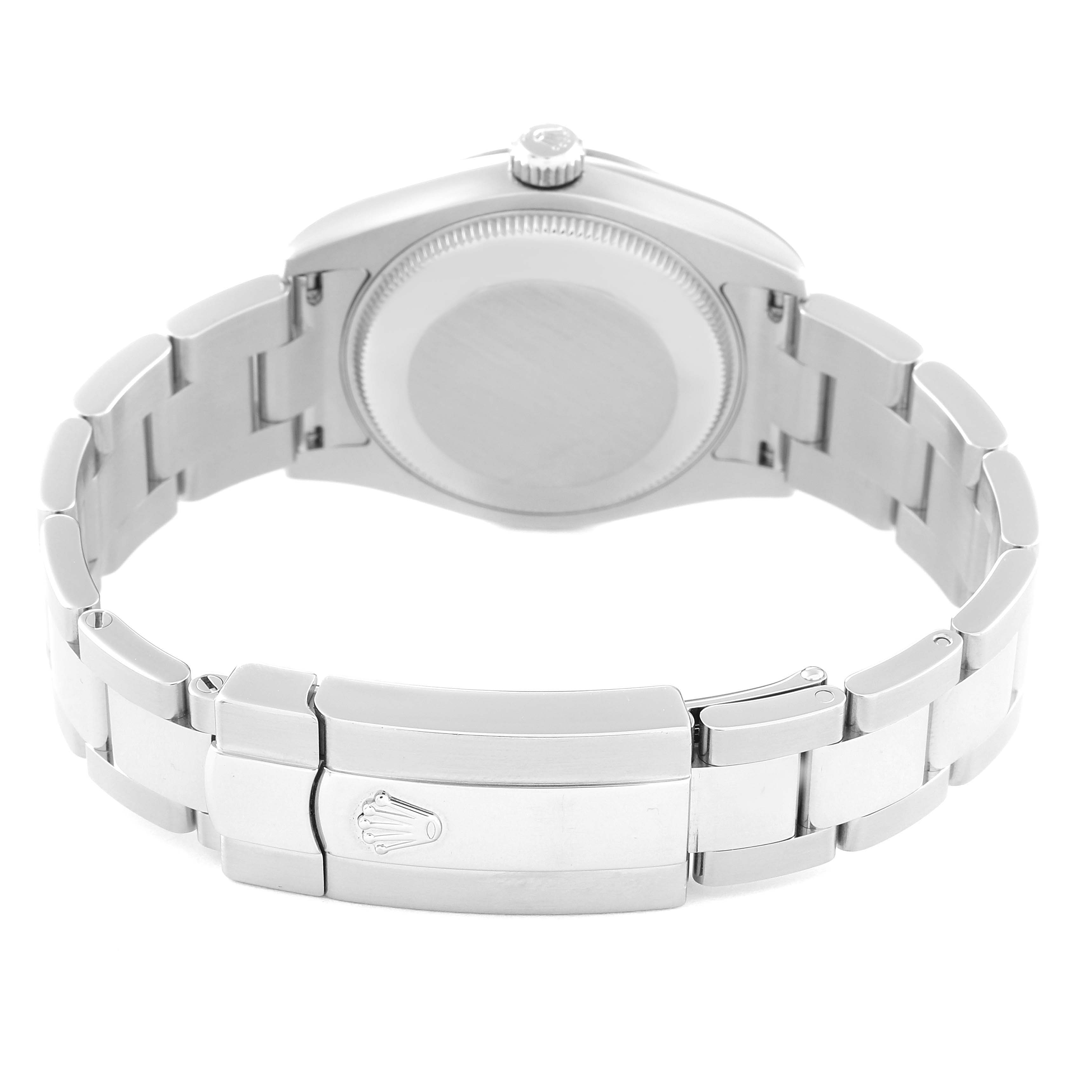 This image shows the back casing, crown, and bracelet clasp of a Mid-Size Rolex watch, viewed from the underside.