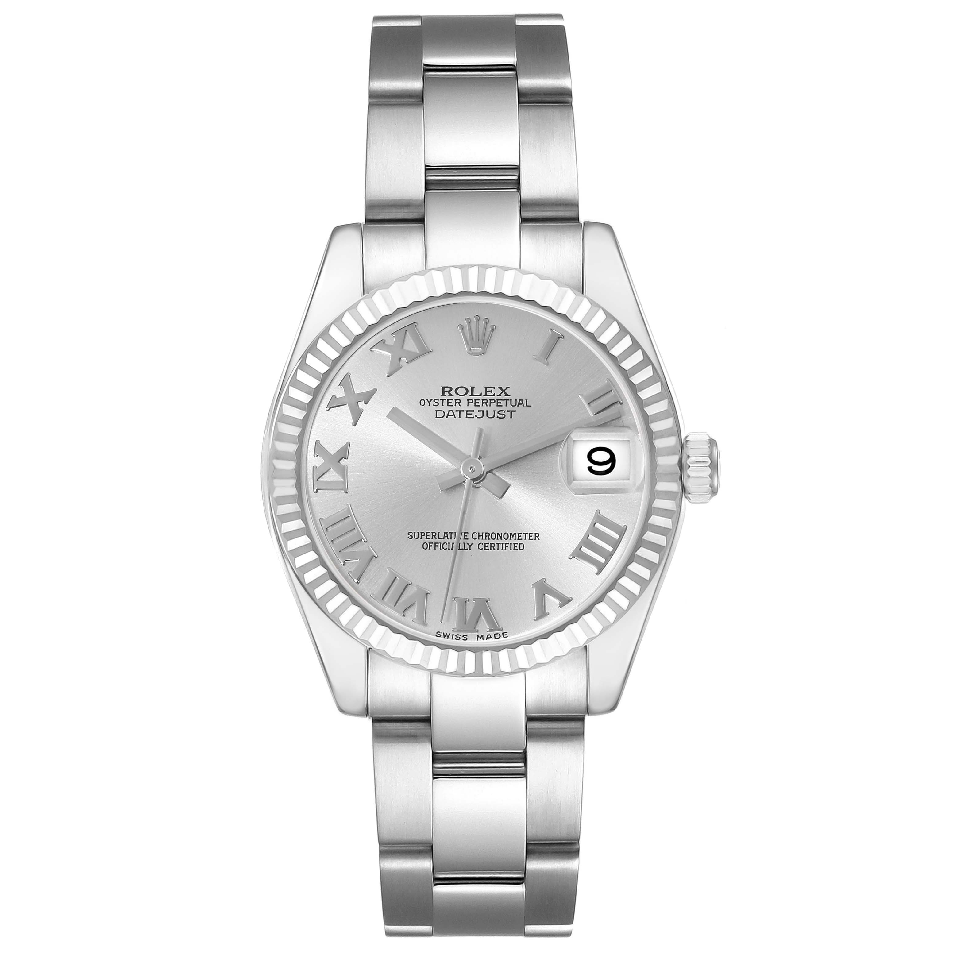 The image shows a Rolex Mid-Size 178274 Women
s Stainless Steel Silver Dial 178274 Women
s Stainless Steel Silver Dial Oyster Perpetual Datejust watch in a front-facing angle.