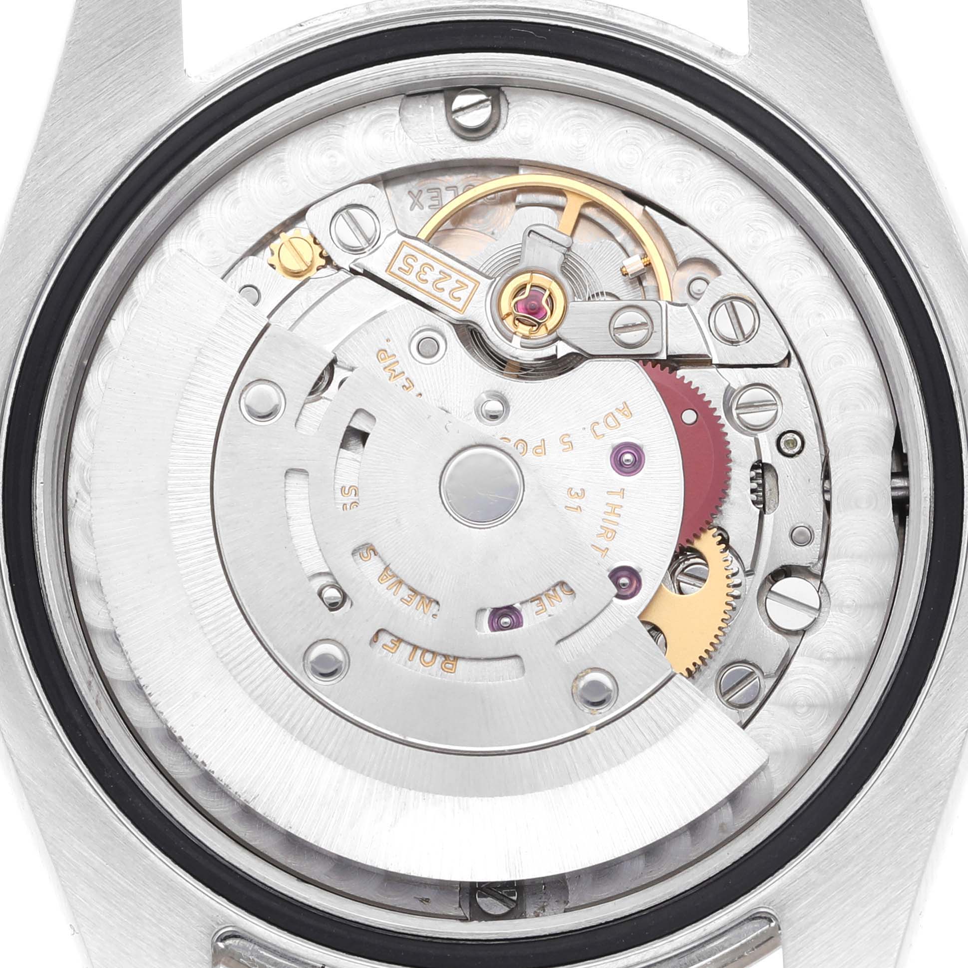 The image shows the internal mechanism of a Rolex Mid-Size 178274 Women
s Stainless Steel Silver Dial 178274 Women
s Stainless Steel Silver Dial model watch, viewed from the back.