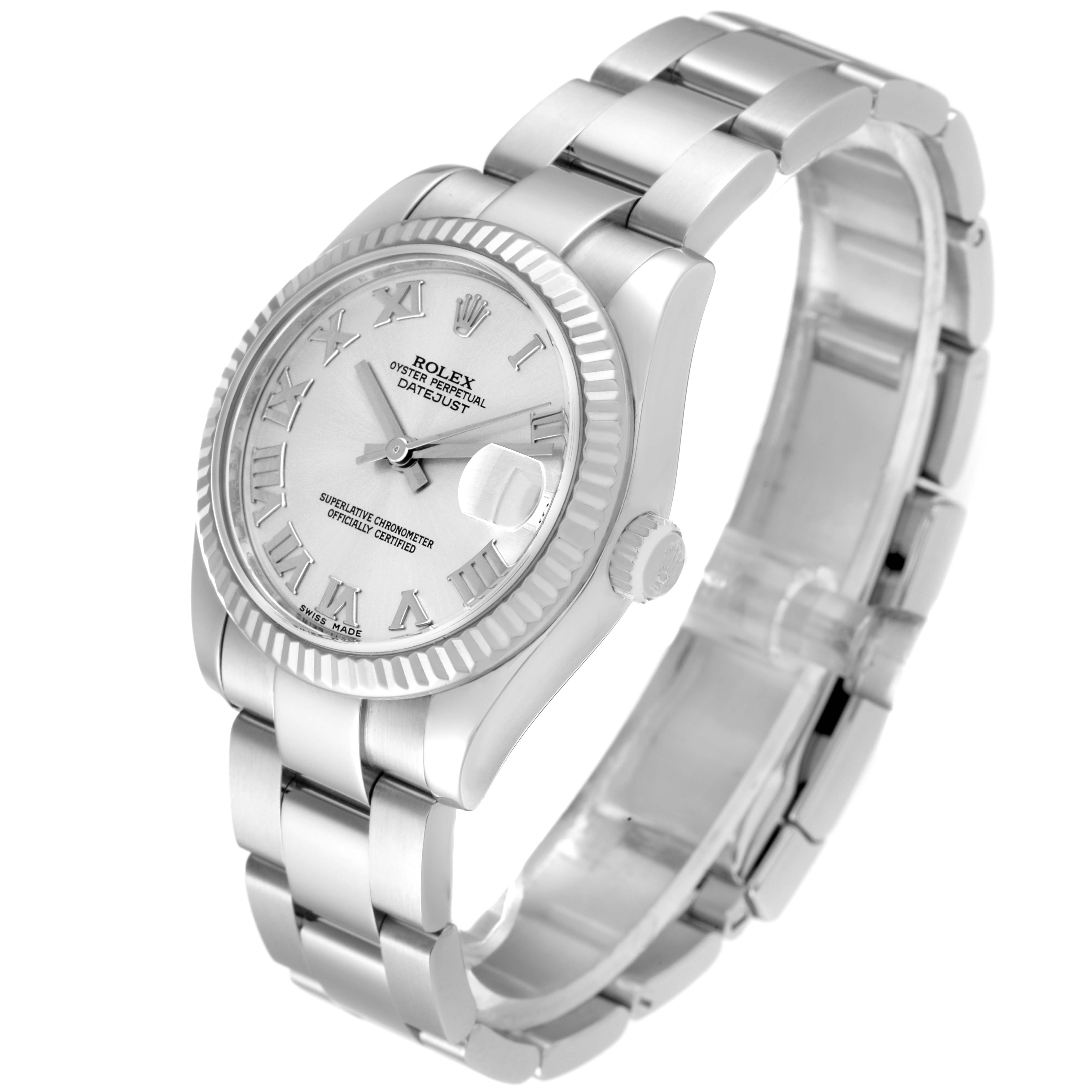 The Rolex Mid-Size 178274 Women
s Stainless Steel Silver Dial 178274 Women
s Stainless Steel Silver Dial Datejust watch is shown at an angled view highlighting the dial, bezel, and bracelet band.