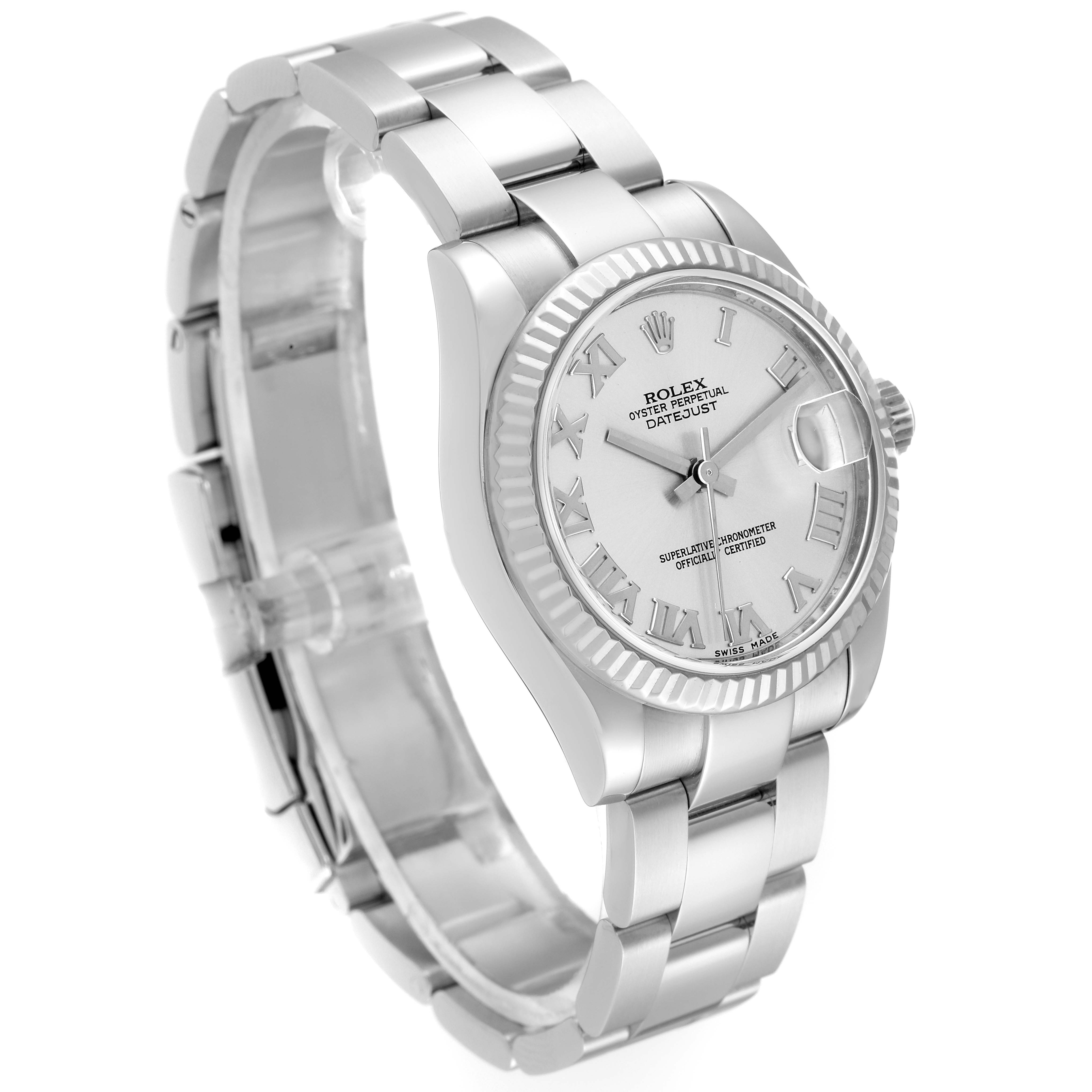 The image shows a side and slightly top-down view of a Rolex Mid-Size 178274 Women
s Stainless Steel Silver Dial 178274 Women
s Stainless Steel Silver Dial Oyster Perpetual Datejust watch, highlighting the dial, bezel, and bracelet.