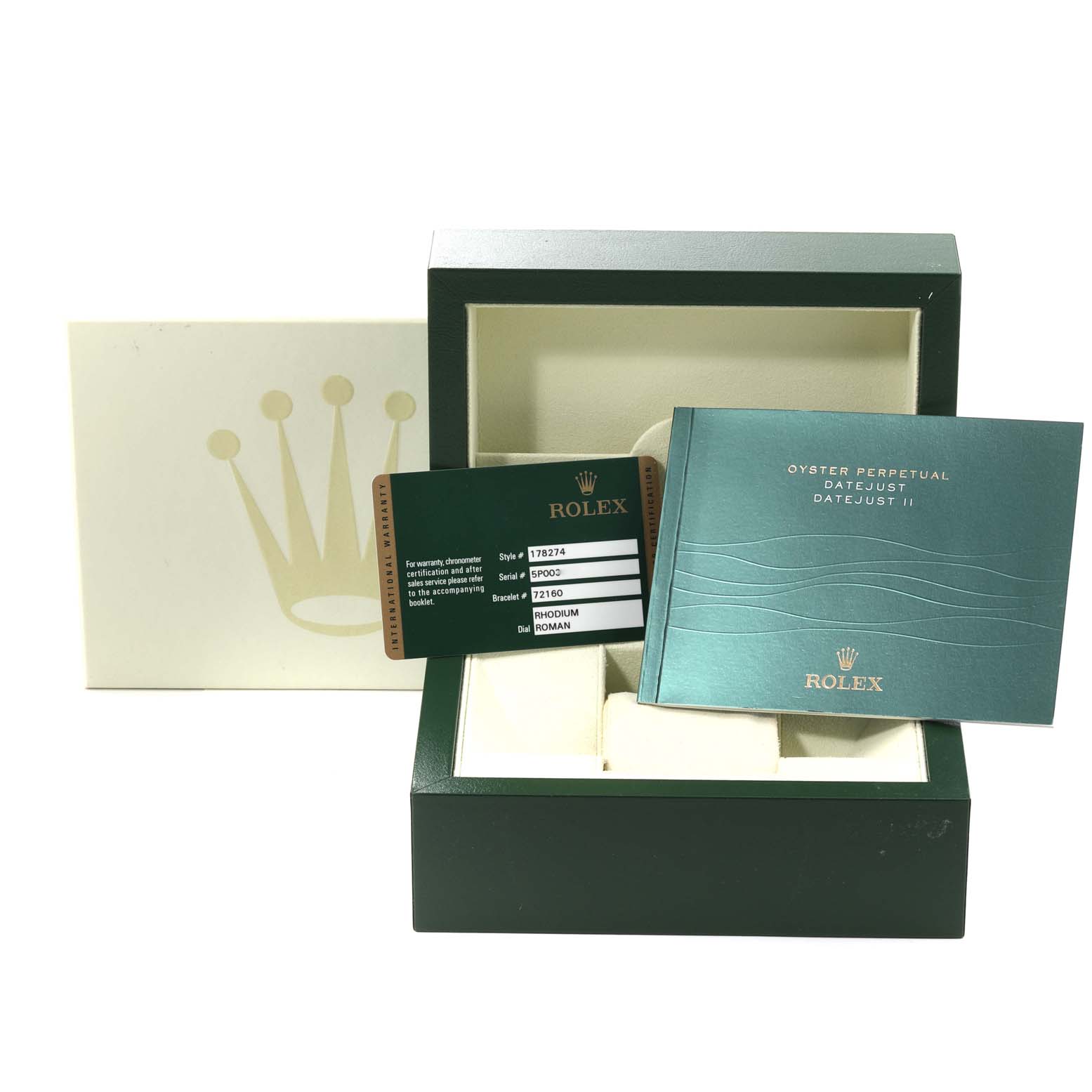 The image shows the open packaging, warranty card, and manual for a Rolex Mid-Size 178274 Women
s Stainless Steel Silver Dial 178274 Women
s Stainless Steel Silver Dial Oyster Perpetual Datejust II watch.