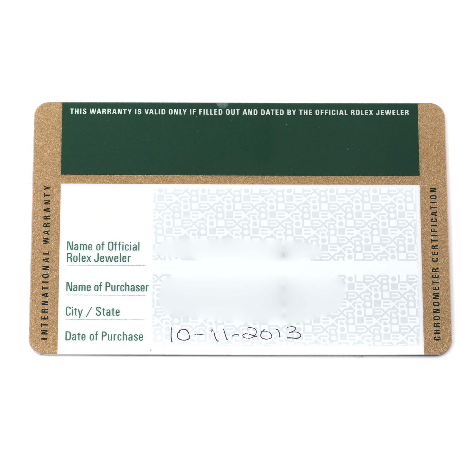 The image shows an international warranty card for a Mid-Size Rolex watch, including fields for the jeweler, purchaser, and purchase date.