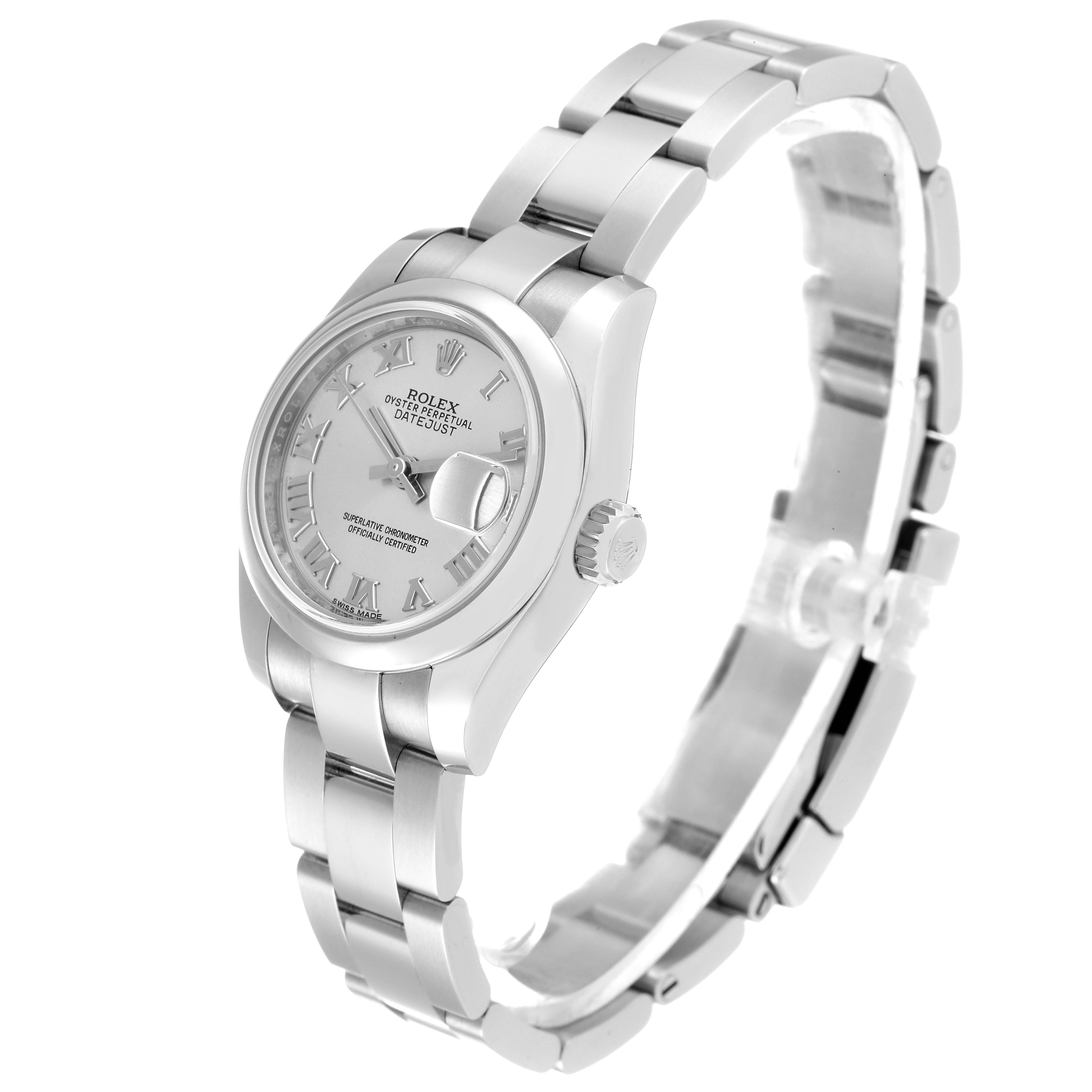 The image shows a Rolex Datejust 179160 Women's Stainless Steel Silver Dial 179160 Women's Stainless Steel Silver Dial watch from a front-left angle, highlighting the dial, bracelet, and crown.