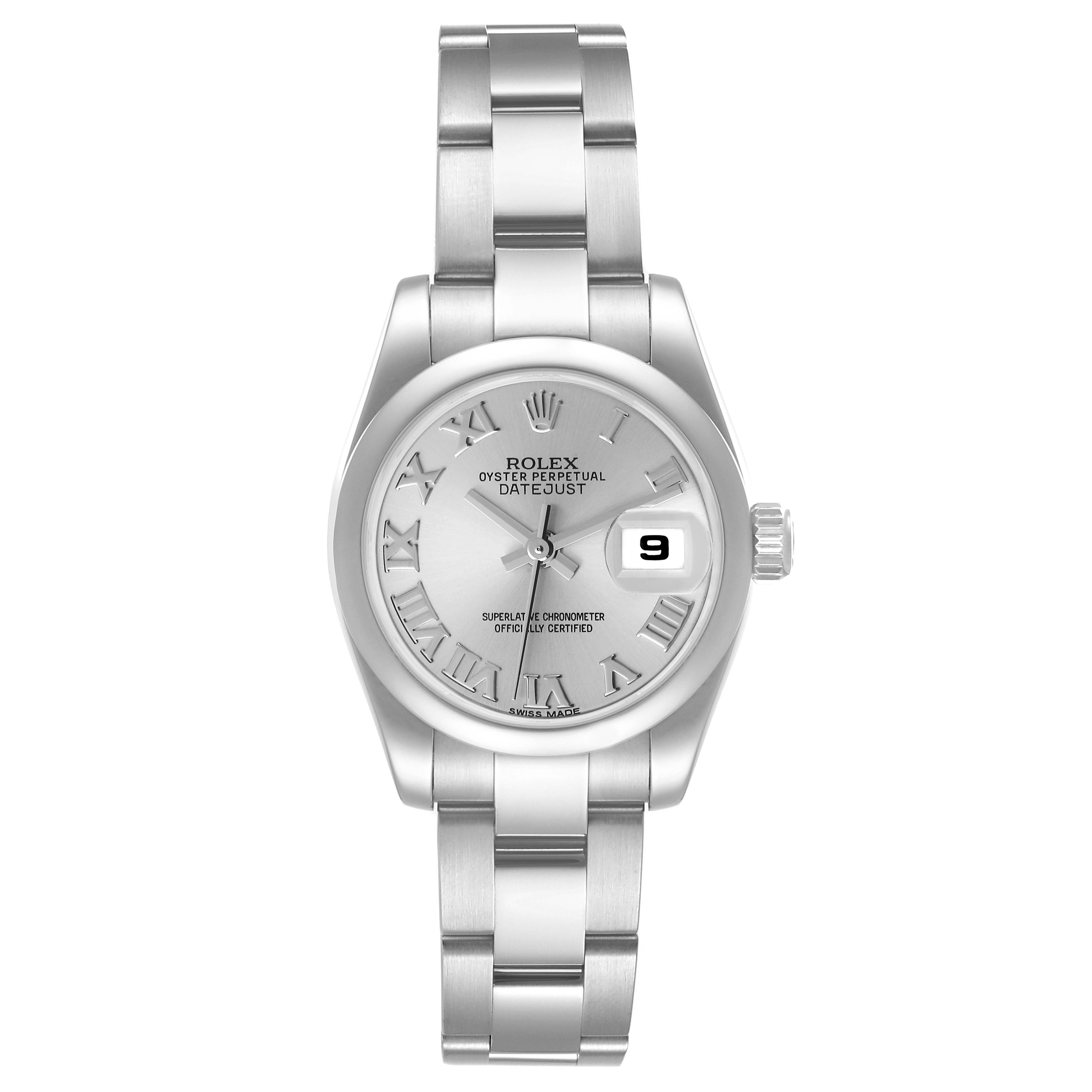 This image shows a front view of a Rolex Datejust 179160 Women's Stainless Steel Silver Dial 179160 Women's Stainless Steel Silver Dial watch, highlighting the dial, bracelet, and date window.